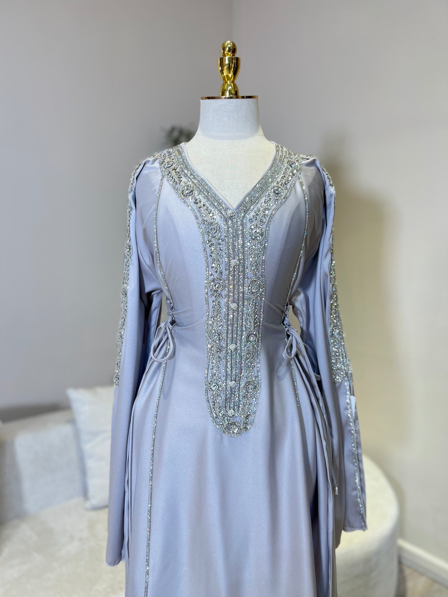 Hessa Side Corset Soft Satin Khaliji Caftan ( Silver )