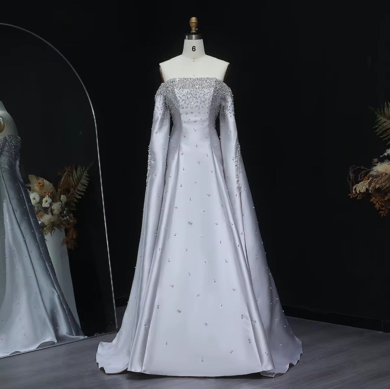 Lamis Luxury Hand Embellished Satin Gown With Hand Cape Design (Pre-Order)
