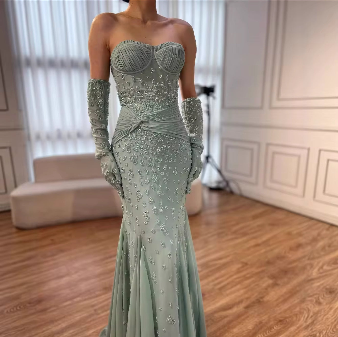 Yara Hand Embroidered Gown with Detached Gloves (Pre-Order)