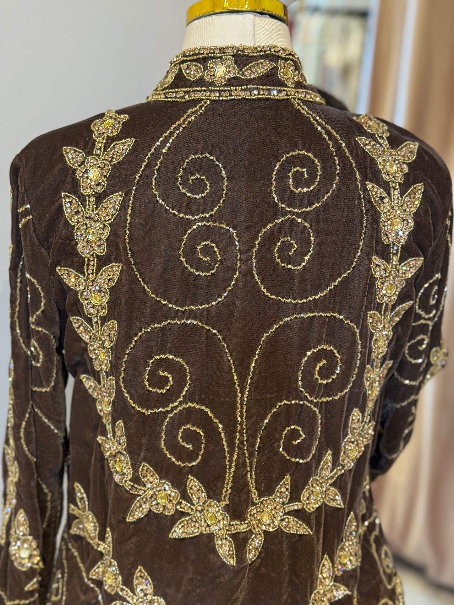 Luxury Brown Velvet Hand Embellished Blazer