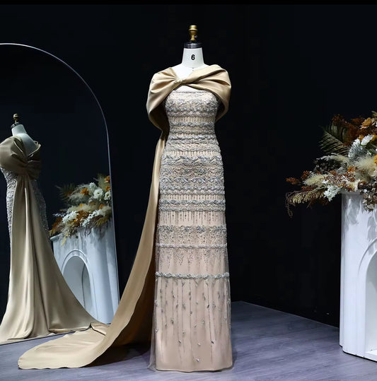 Lamya With Satin Detached Shoulder Scarf Gown (Pre-Order)