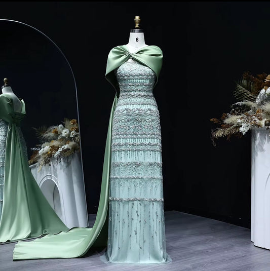 Lamya With Satin Detached Shoulder Scarf Gown (Pre-Order)