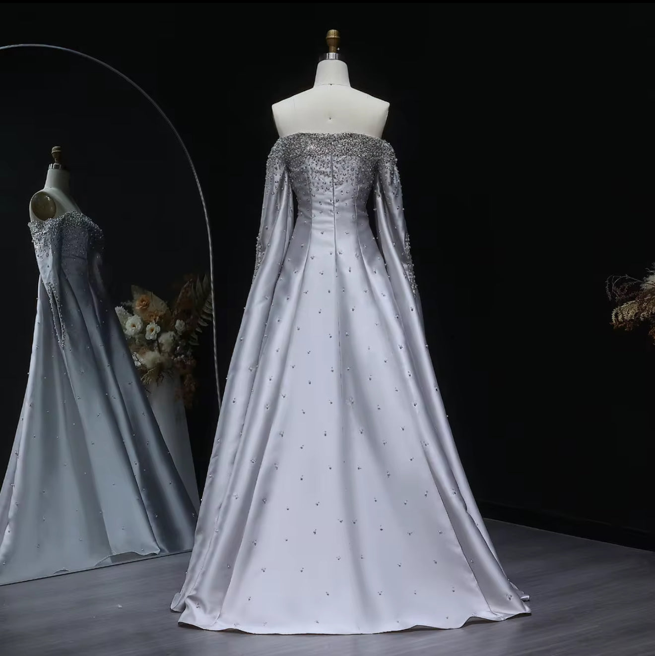 Lamis Luxury Hand Embellished Satin Gown With Hand Cape Design (Pre-Order)