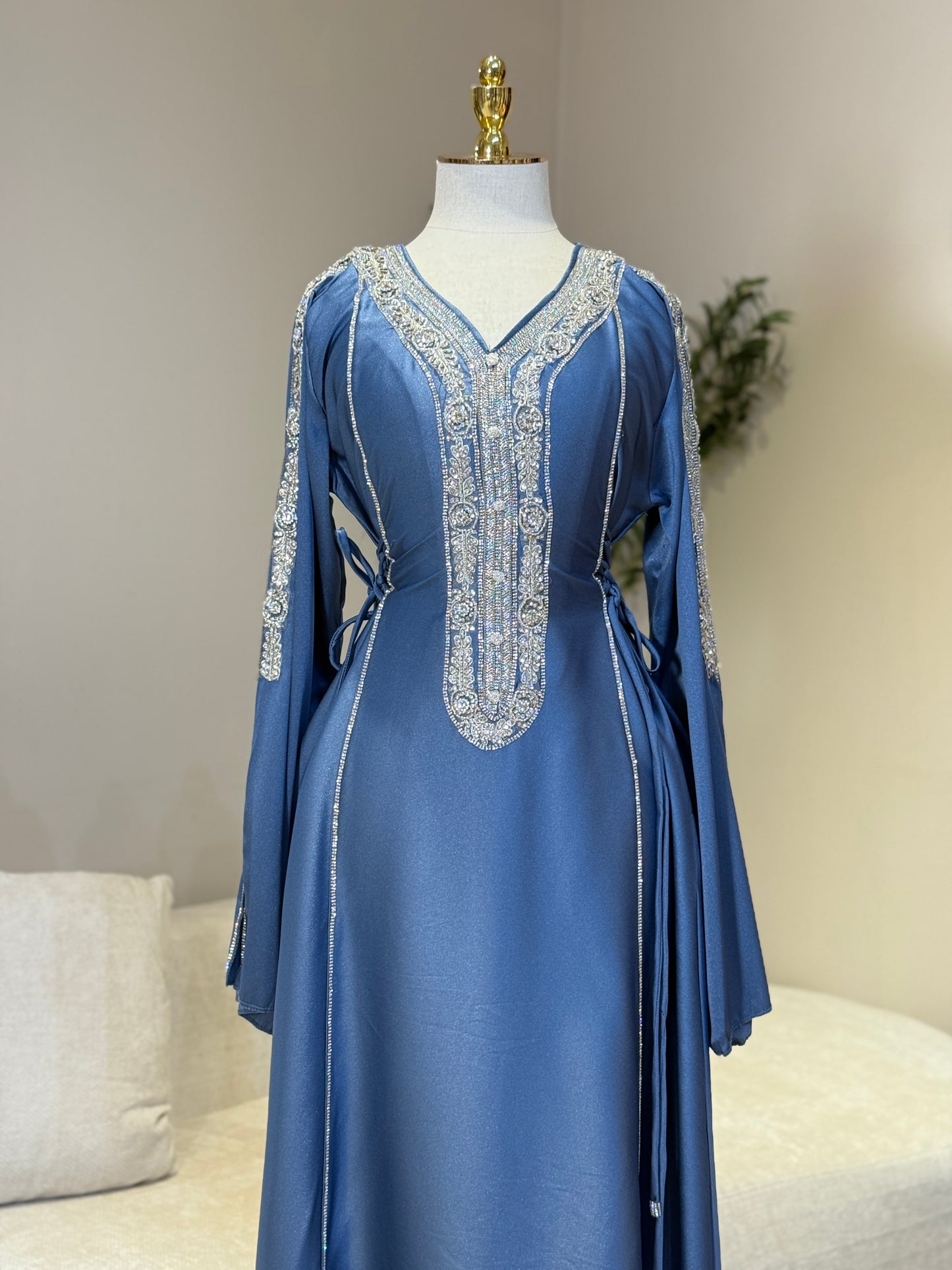 Hessa Side Corset Soft Satin Khaliji Caftan (Denim Blue)