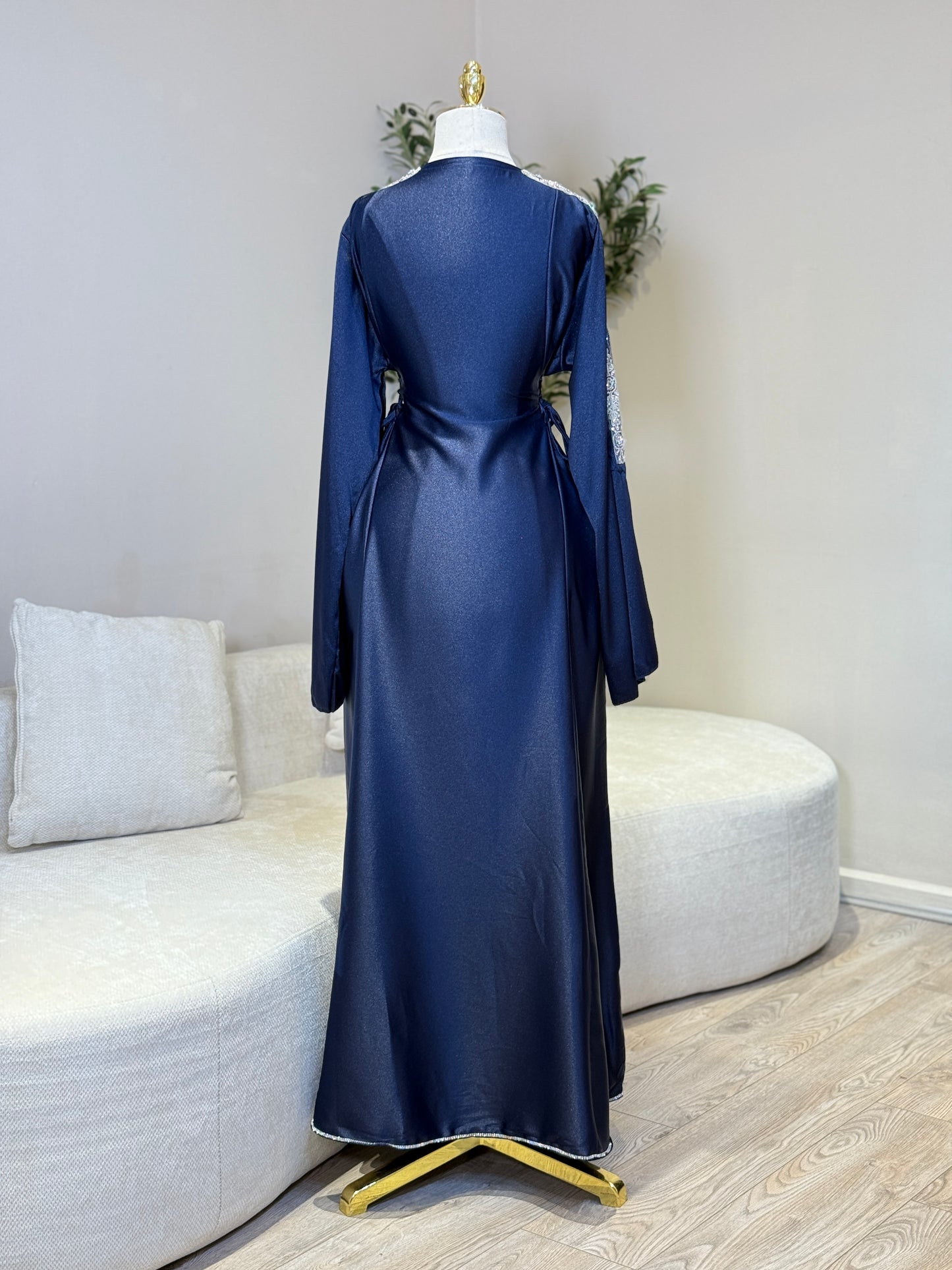Hessa Side Corset Soft Satin Khaliji Caftan ( Navy )