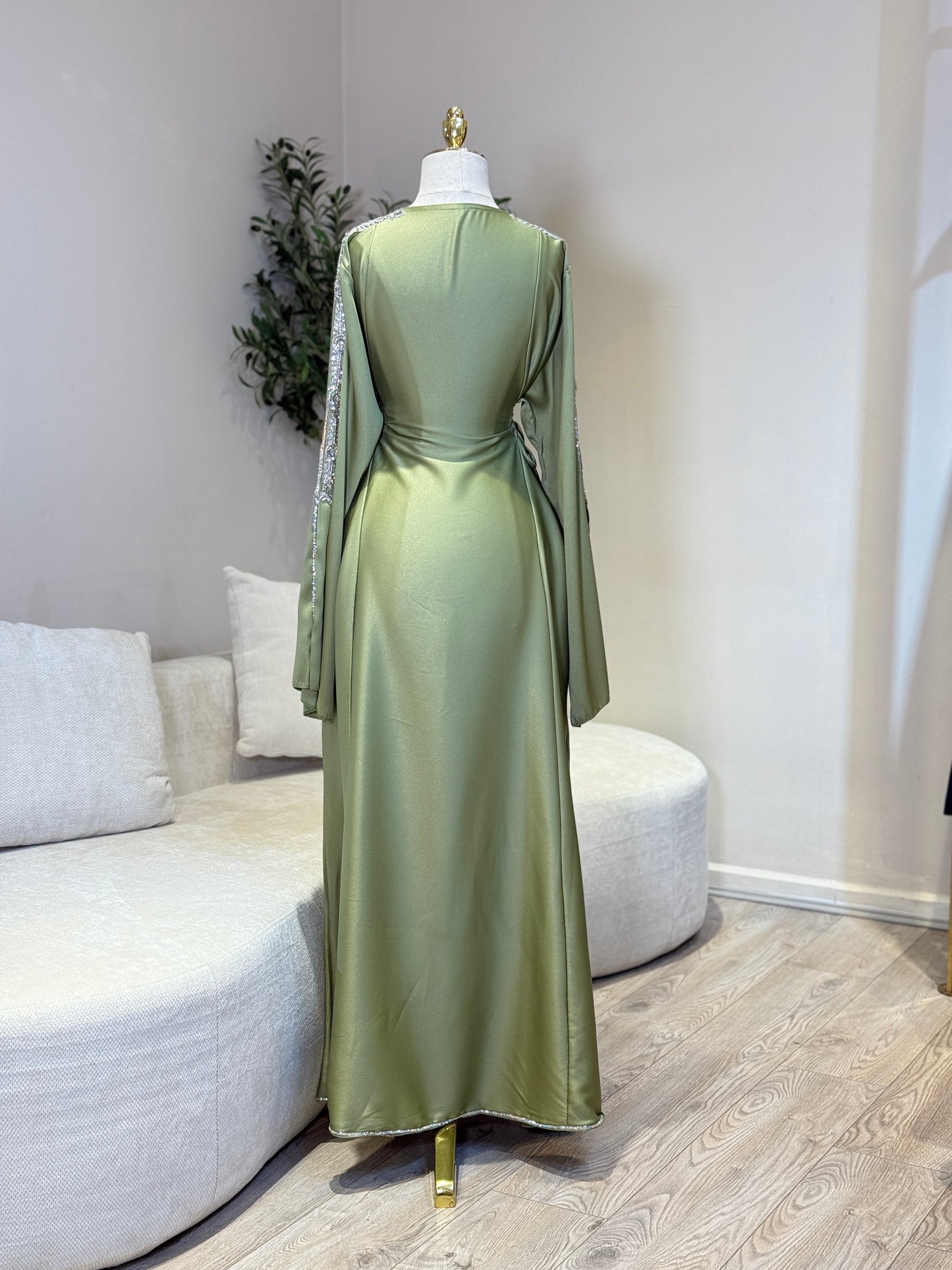 Hessa Side Corset Soft Satin Khaliji Caftan ( Olive )