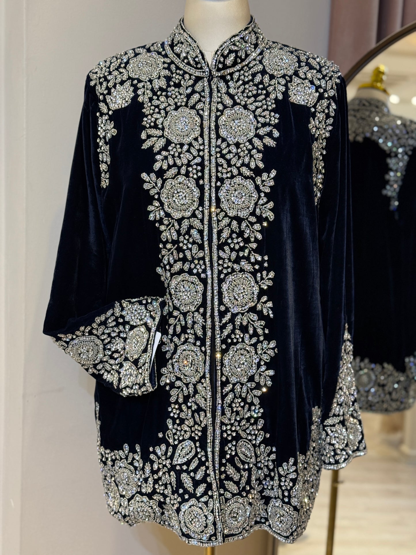 Luxury Navy Blue Velvet Hand Embellished Blazer