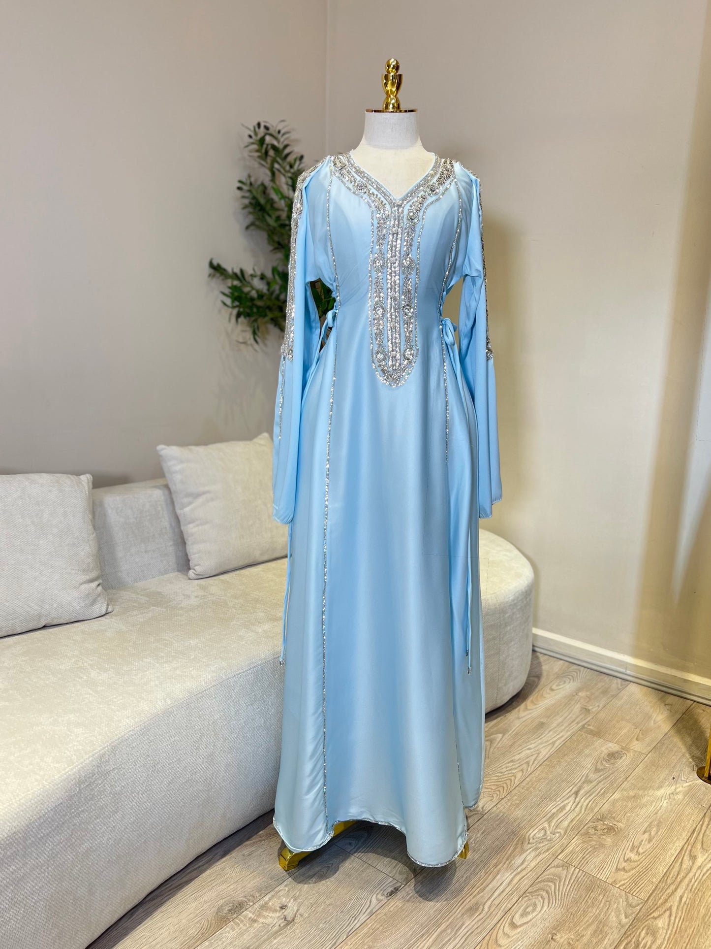 Hessa Side Corset Soft Satin Khaliji Caftan (Pastel Blue)