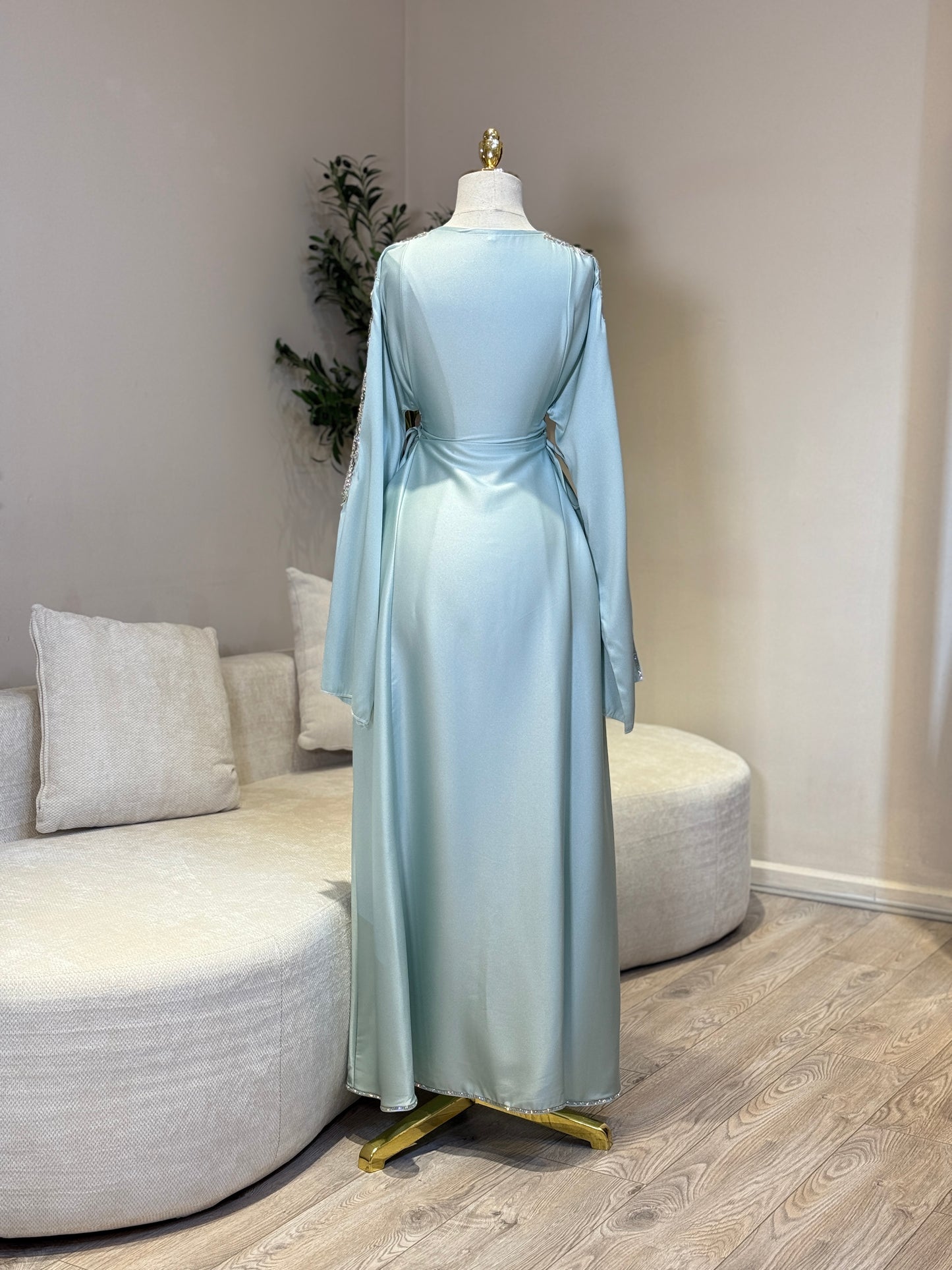 Hessa Side Corset Soft Satin Khaliji Caftan (Aqua Blue)