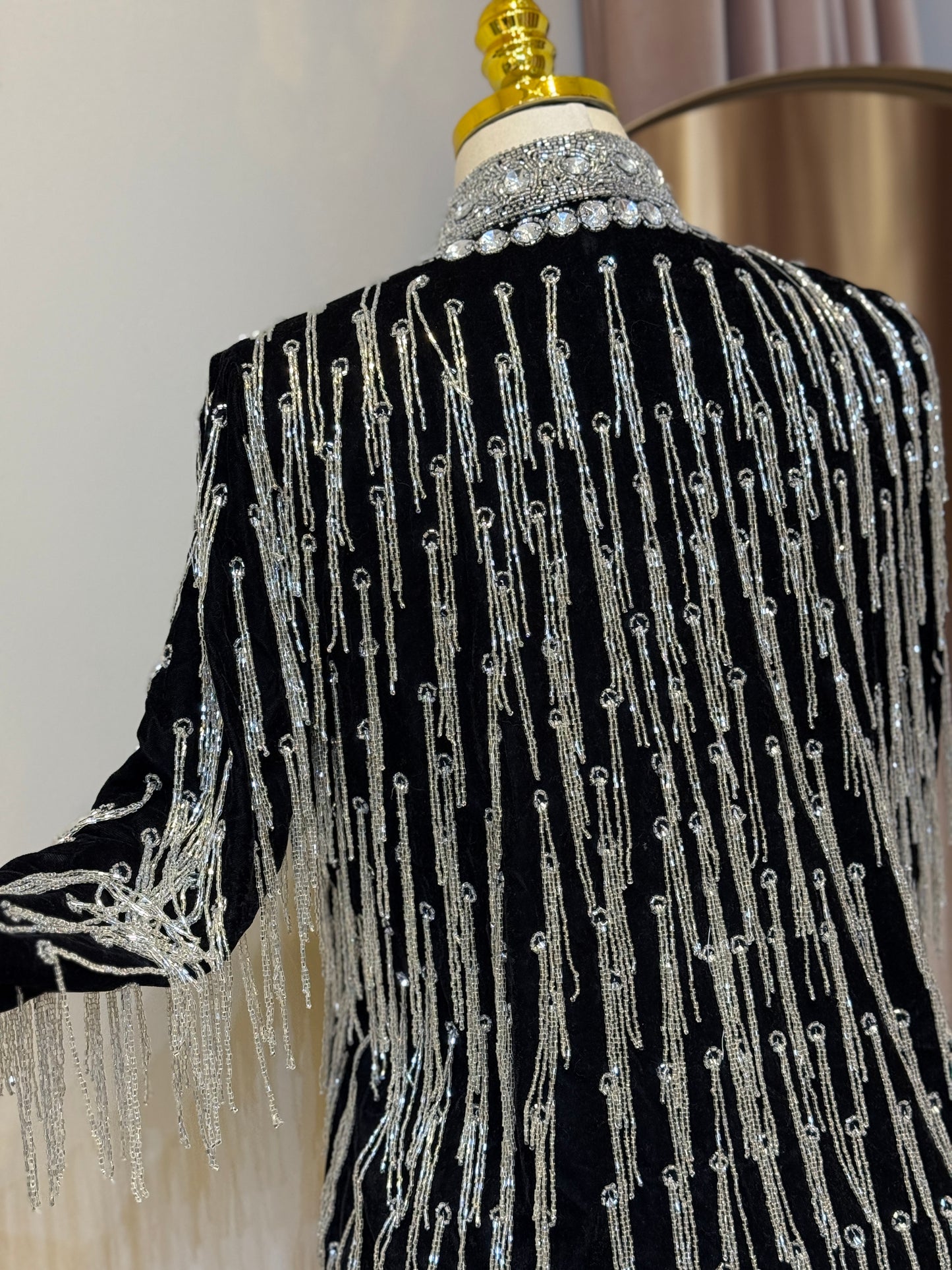 Luxury Silver & Black Velvet Hand Embellished Blazer