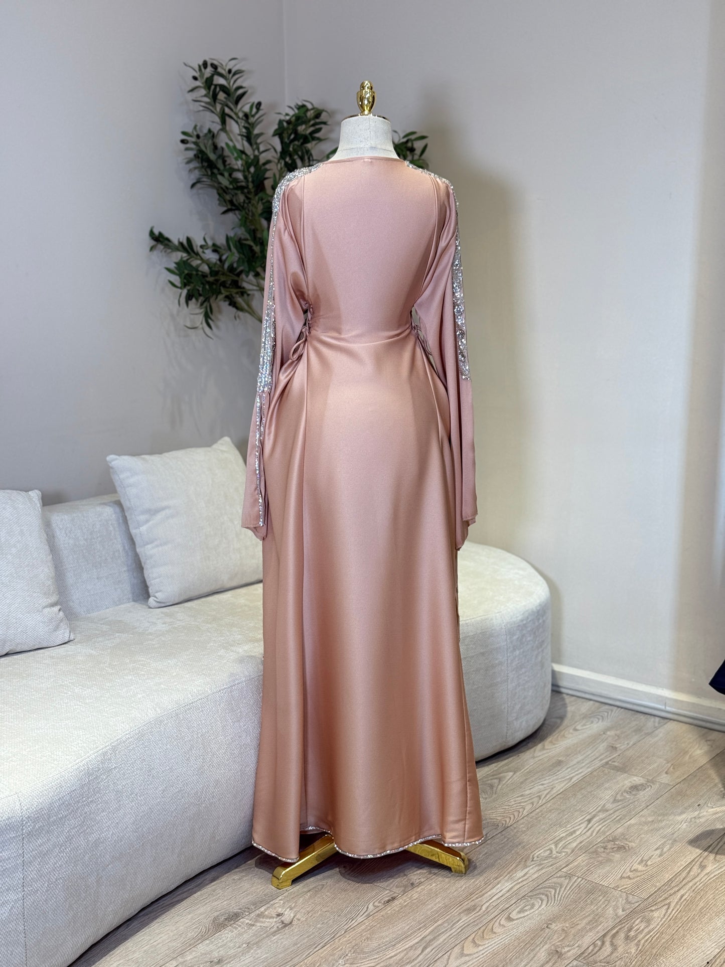 Hessa Side Corset Soft Satin Khaliji Caftan (Coral)