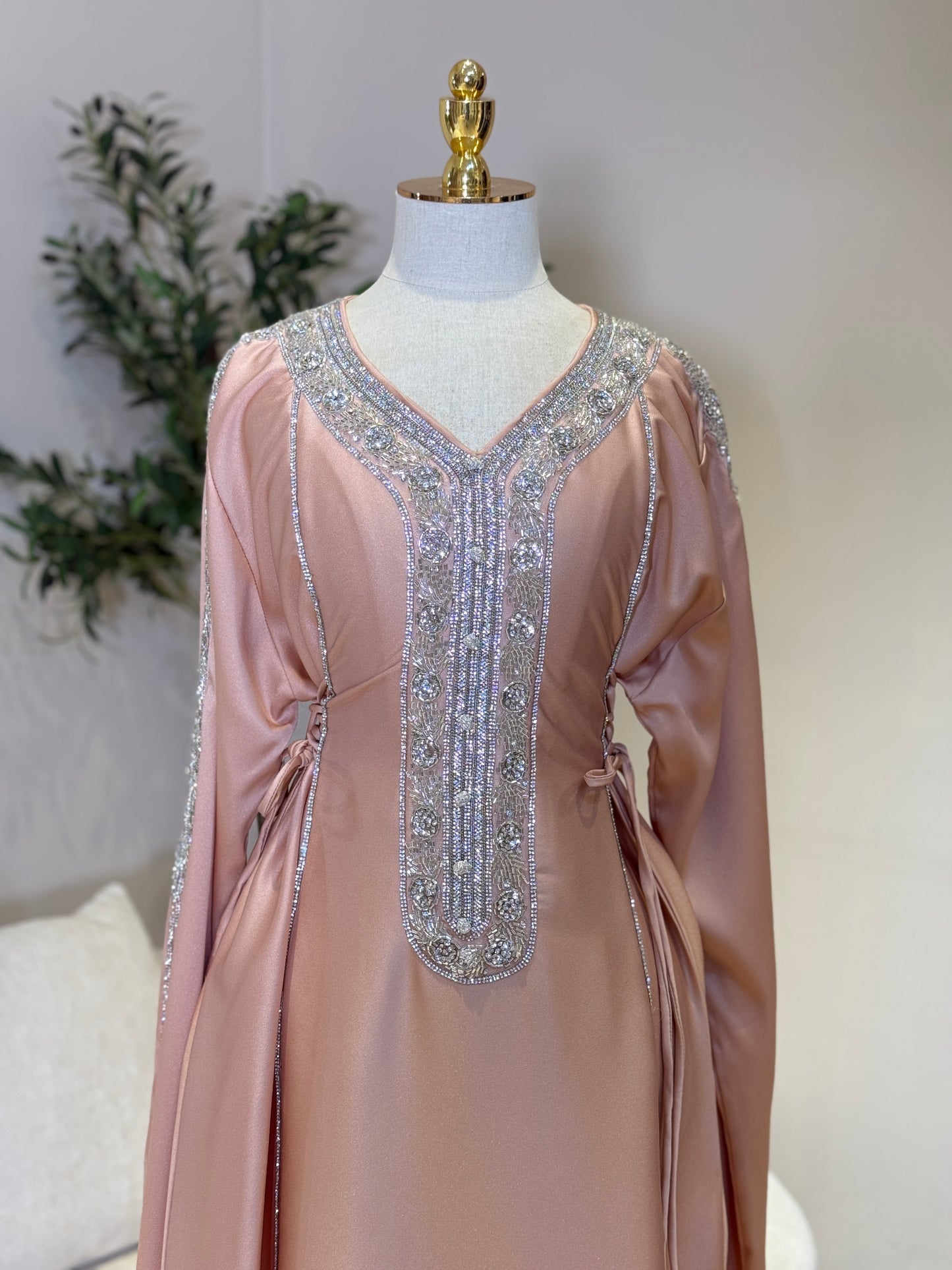 Hessa Side Corset Soft Satin Khaliji Caftan (Coral)