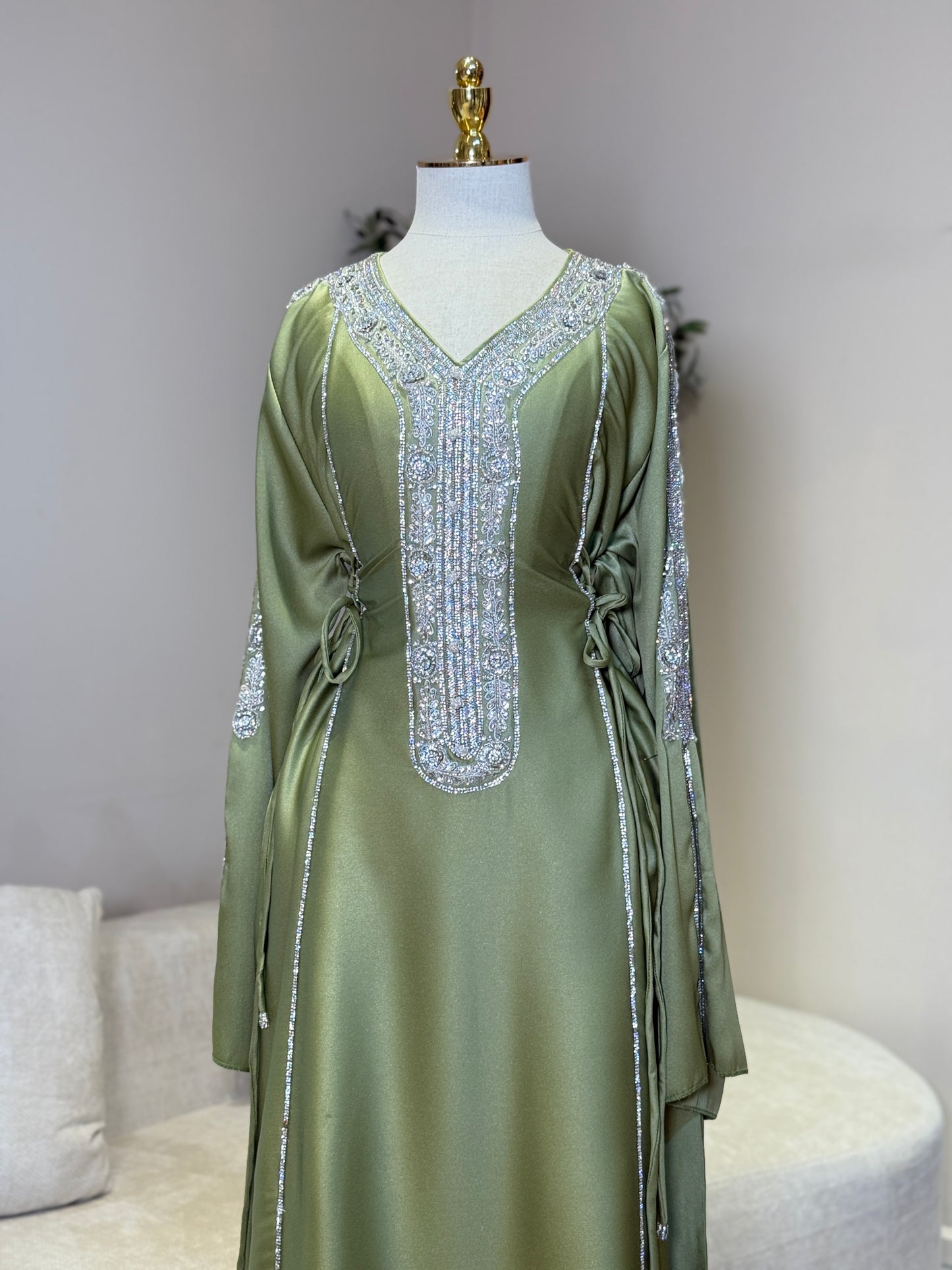 Hessa Side Corset Soft Satin Khaliji Caftan ( Olive )