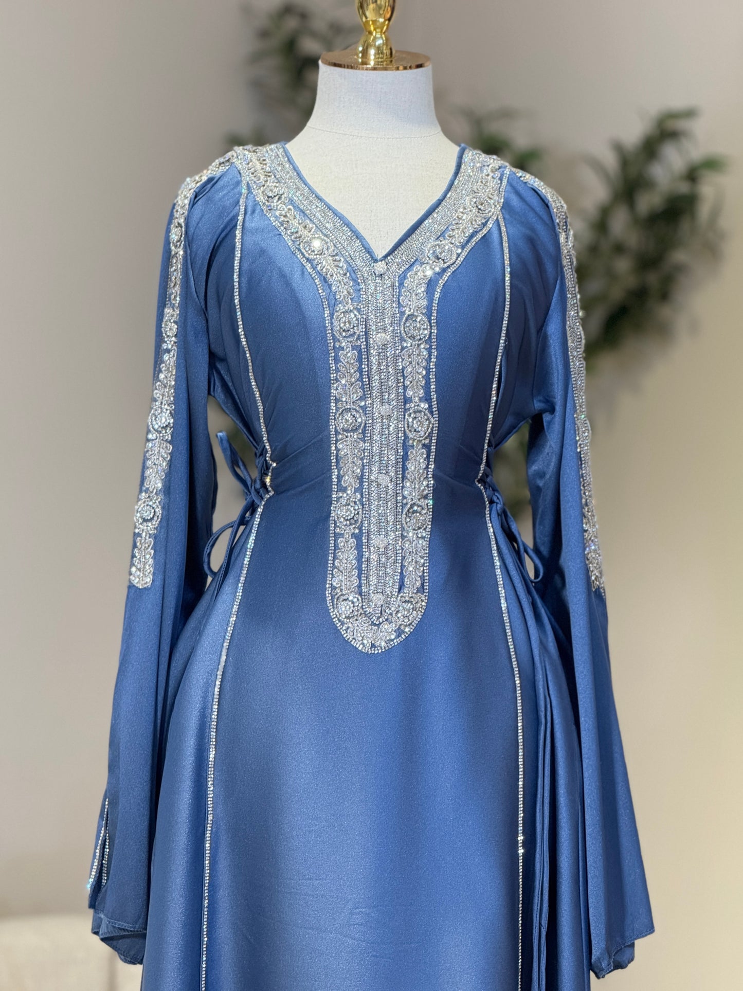 Hessa Side Corset Soft Satin Khaliji Caftan (Denim Blue)