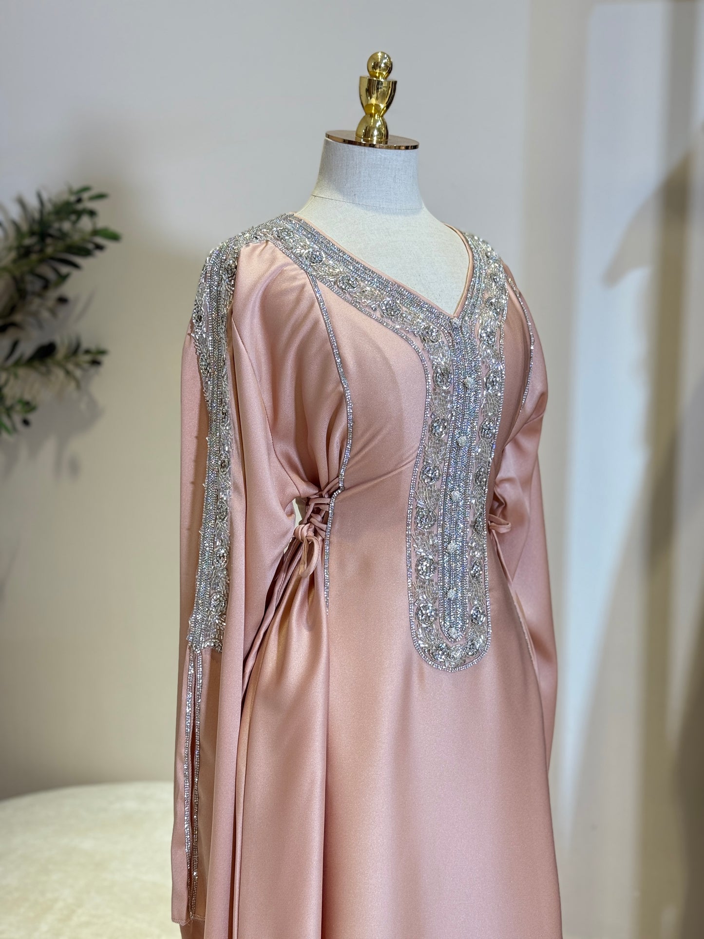 Hessa Side Corset Soft Satin Khaliji Caftan (Coral)