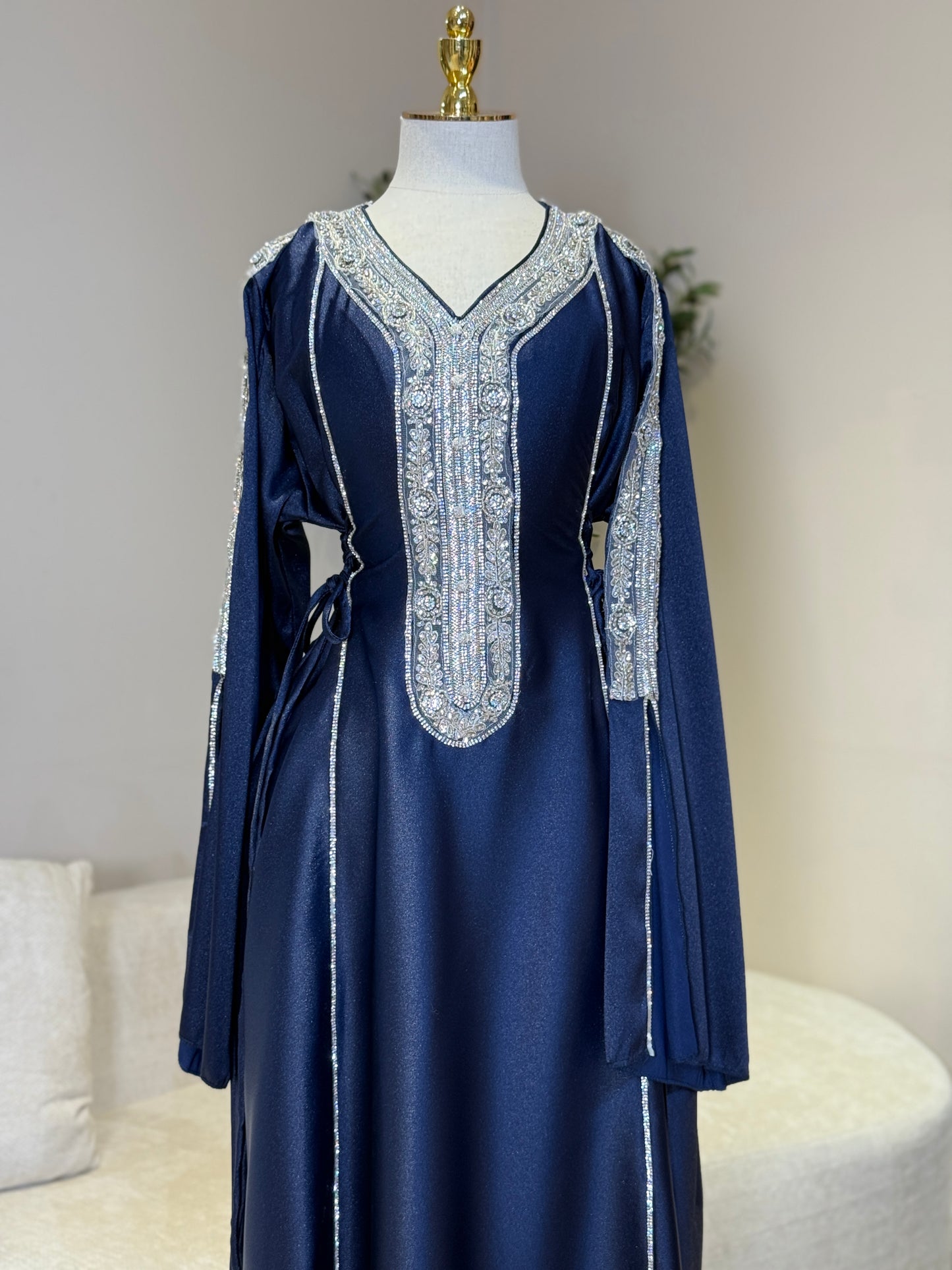 Hessa Side Corset Soft Satin Khaliji Caftan ( Navy )
