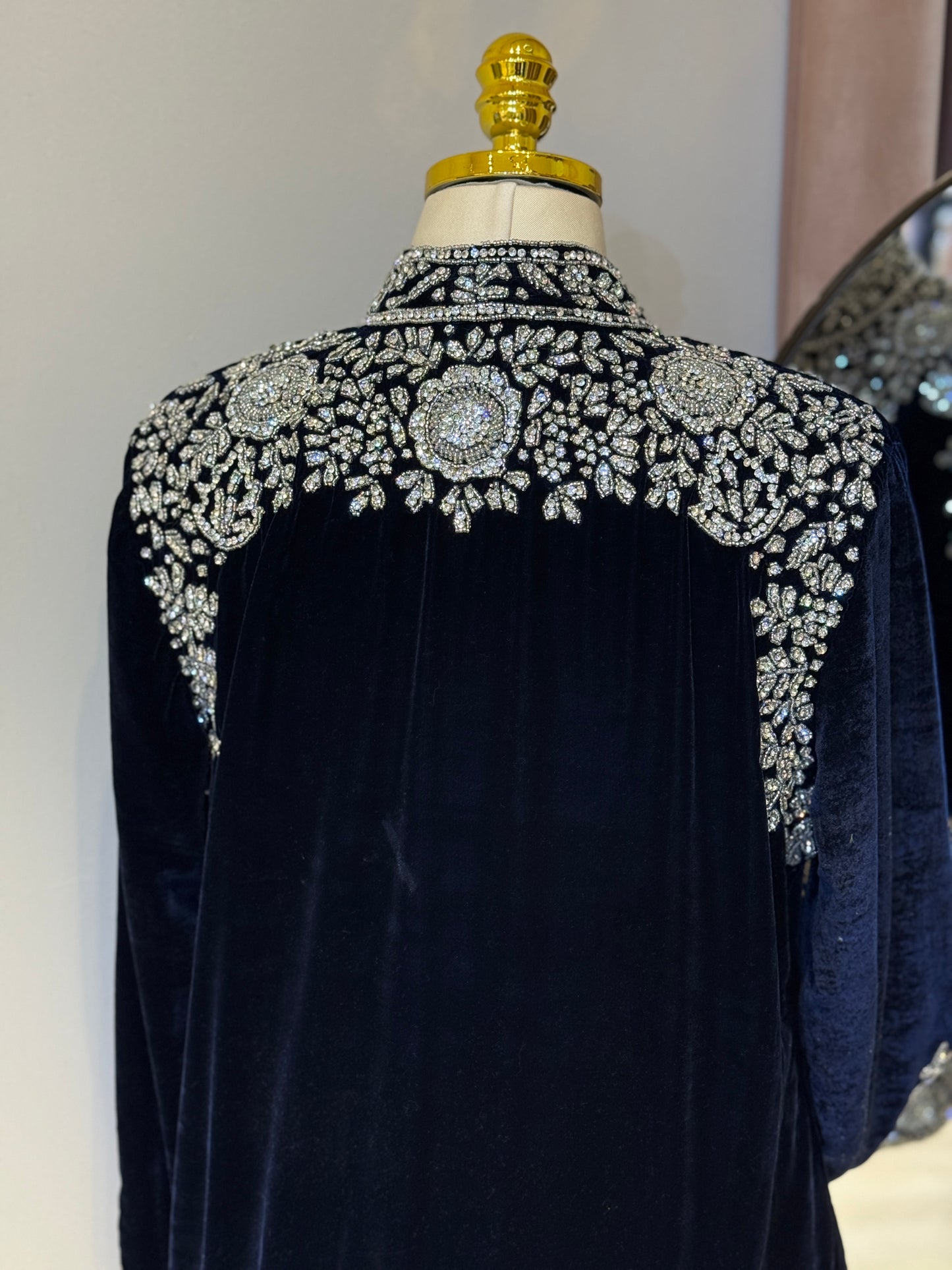 Luxury Navy Blue Velvet Hand Embellished Blazer