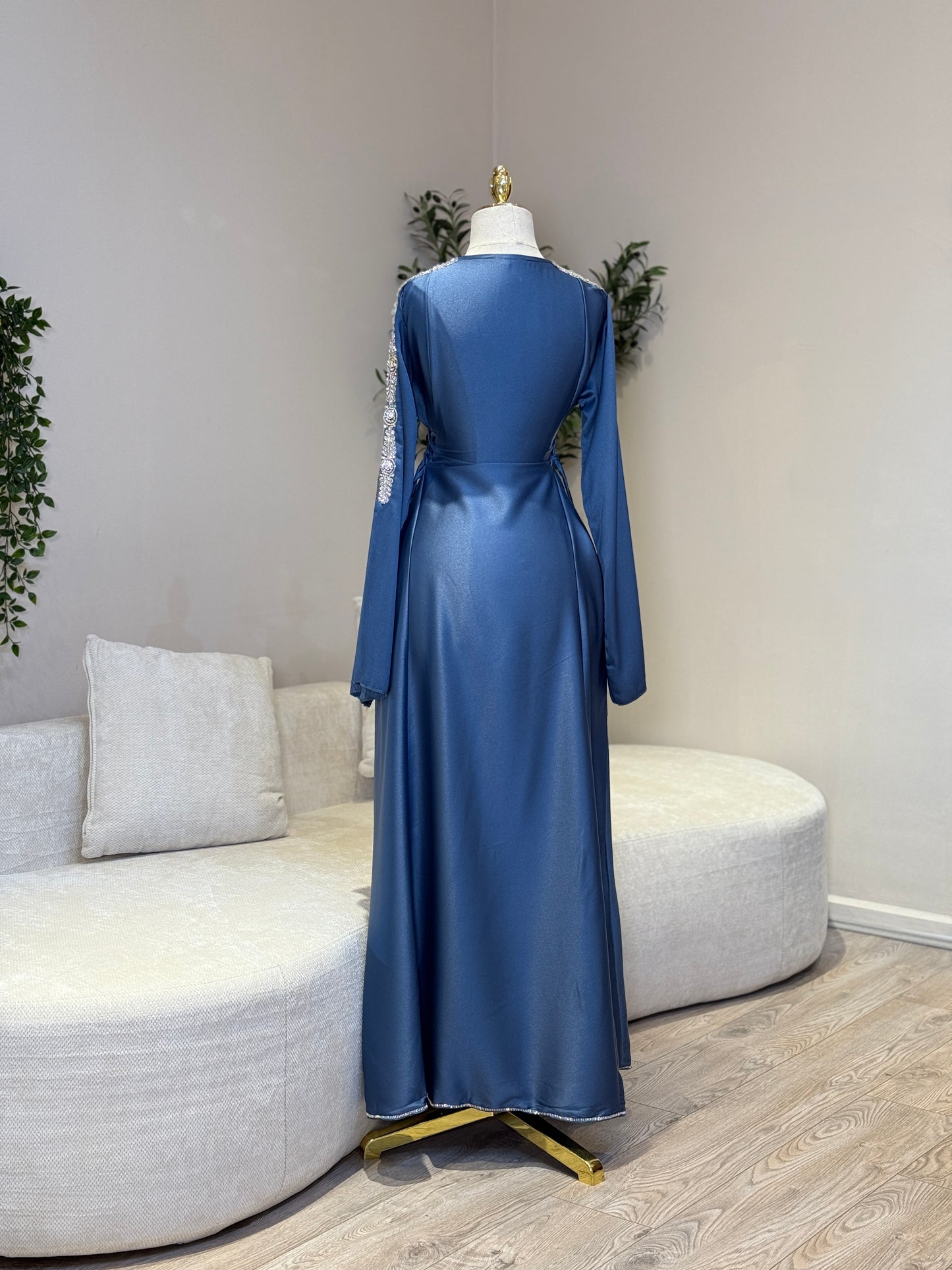 Hessa Side Corset Soft Satin Khaliji Caftan (Denim Blue)
