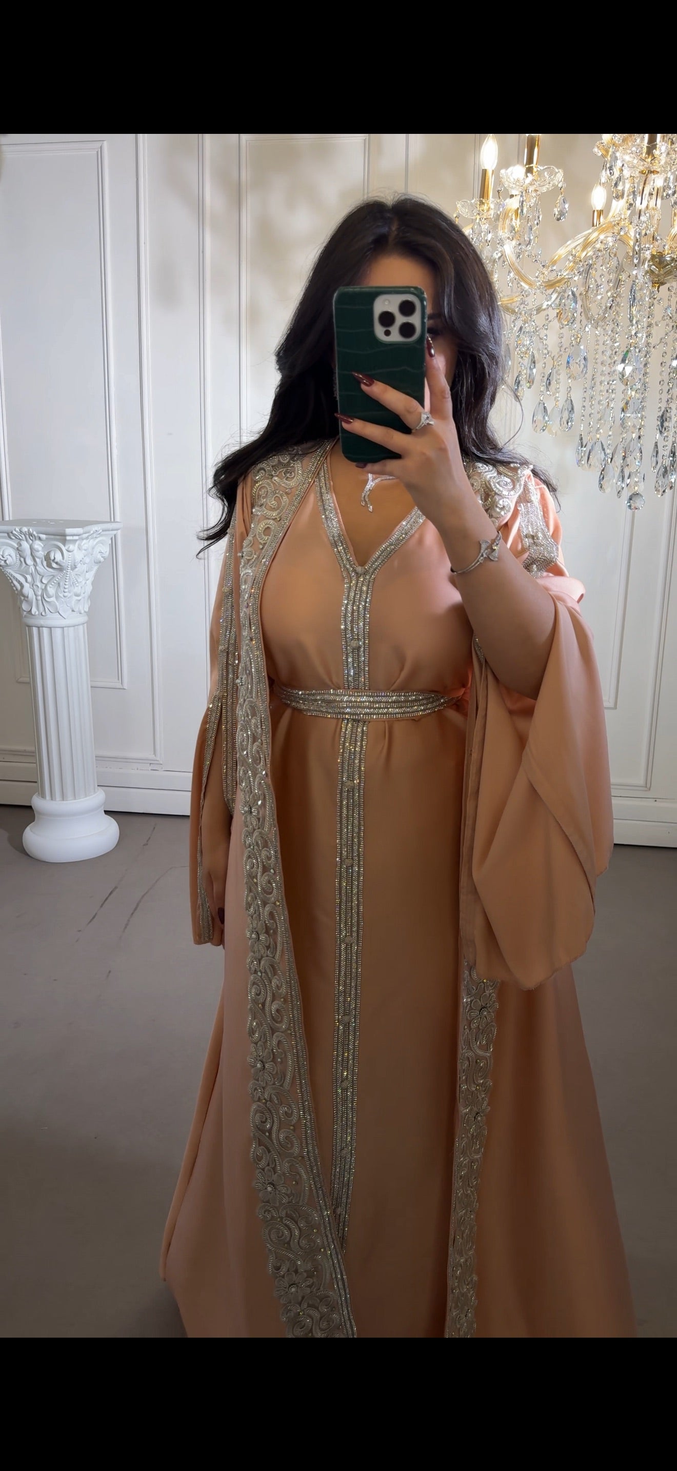 Meera Coral 3 Piece Luxury Soft Satin Hand Embellished Caftan With Flared Sleeves