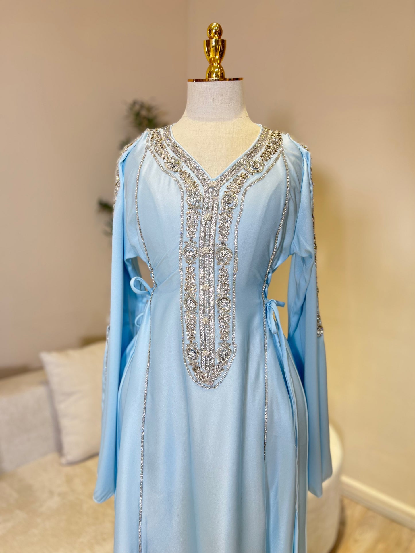 Hessa Side Corset Soft Satin Khaliji Caftan (Pastel Blue)