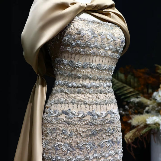 Lamya With Satin Detached Shoulder Scarf Gown (Pre-Order)