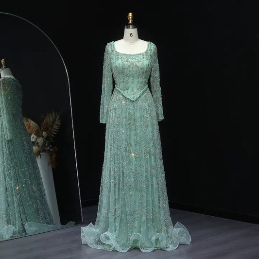 Kamila Modest Tiffany Blue Hand Embellished Gown ( Pre-Order )