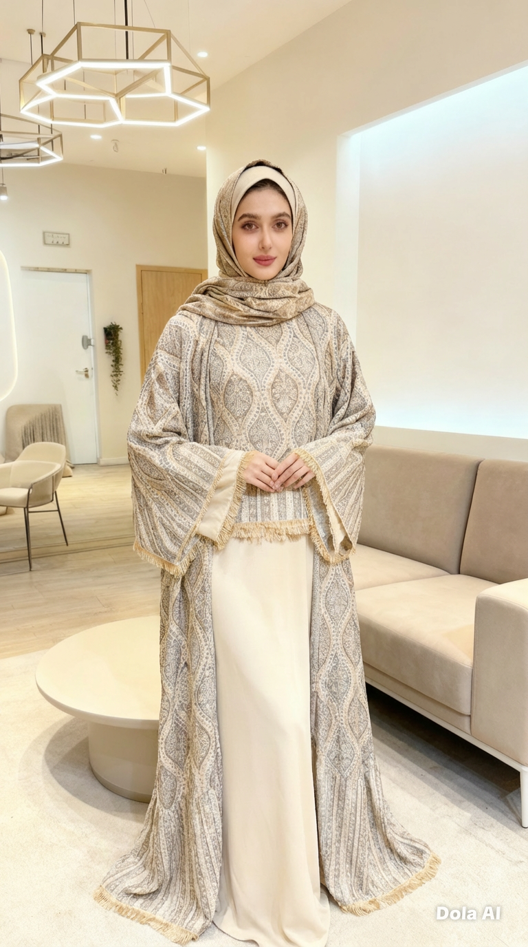 Beige & Grey 2 Piece Pashmina Abaya