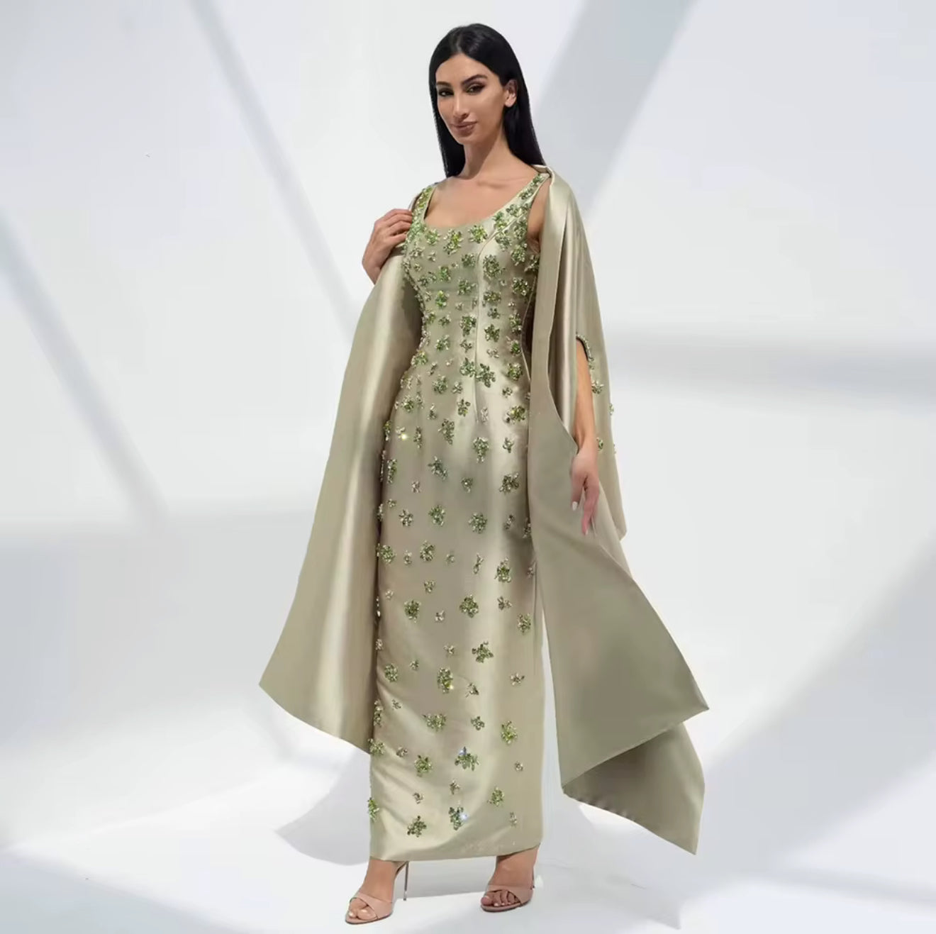 Dalida Satin Gown With Luxury Hand Embellished Stones with detached Cape (Pre-Order)