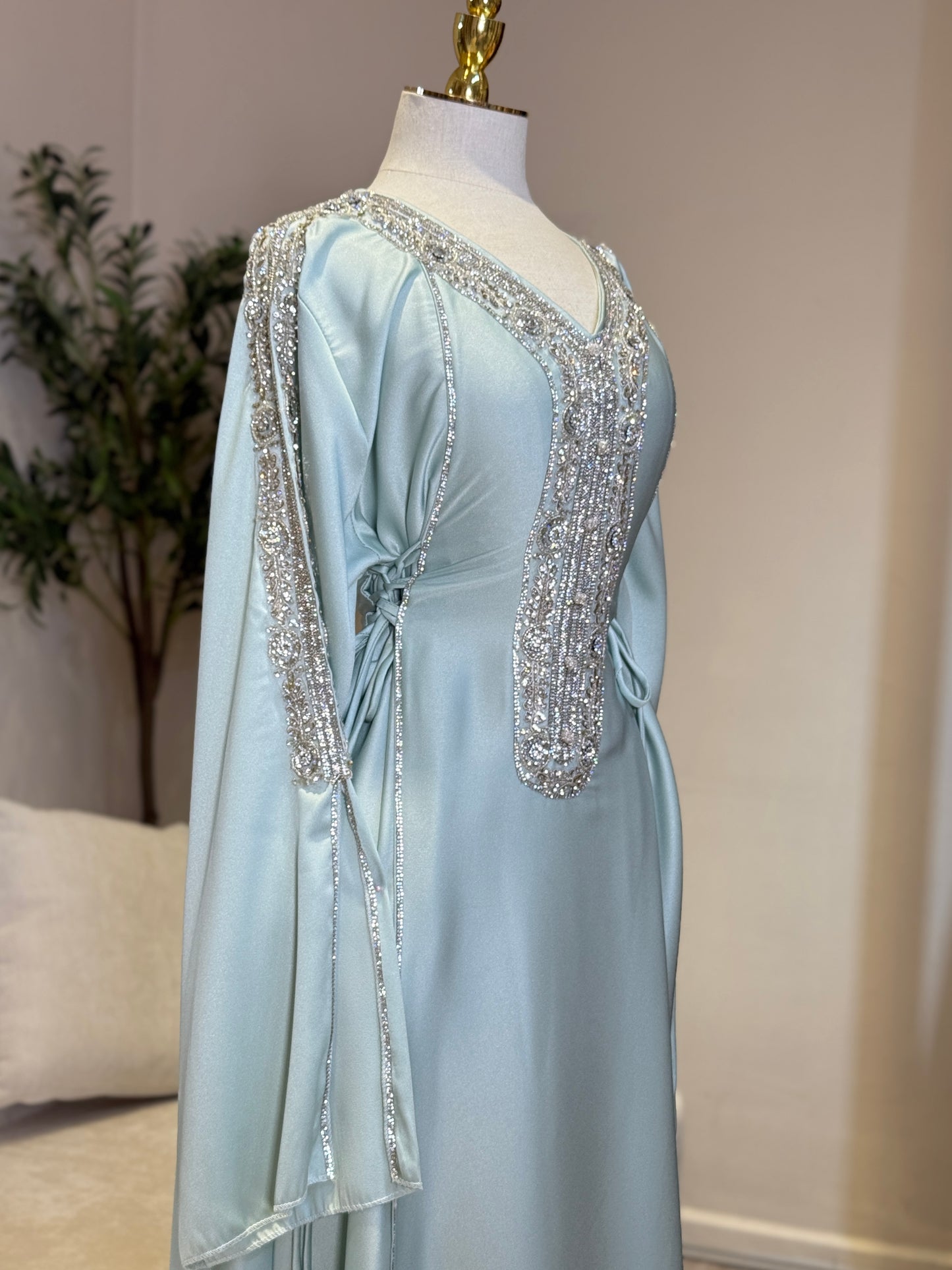 Hessa Side Corset Soft Satin Khaliji Caftan (Aqua Blue)