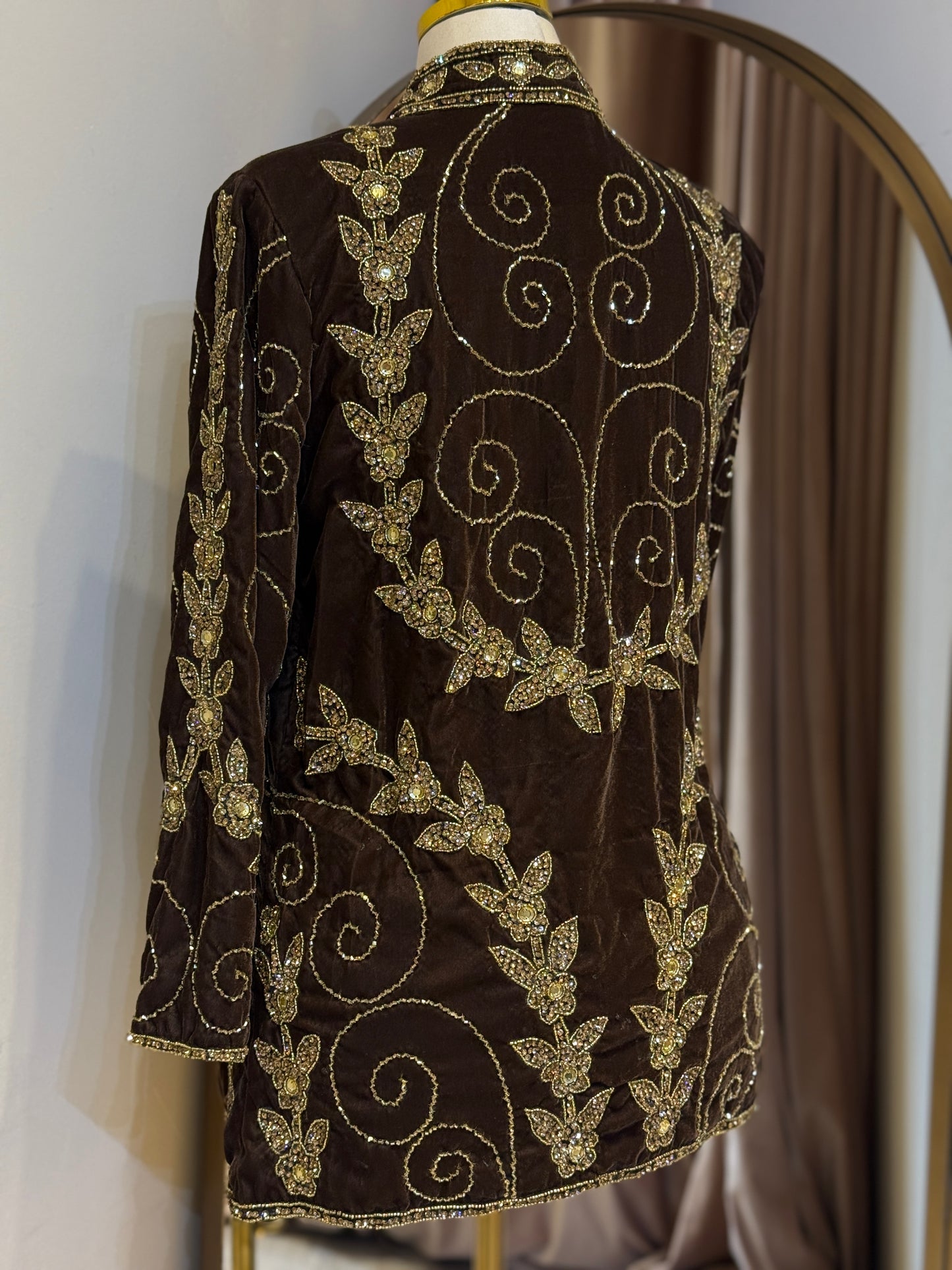 Luxury Brown Velvet Hand Embellished Blazer