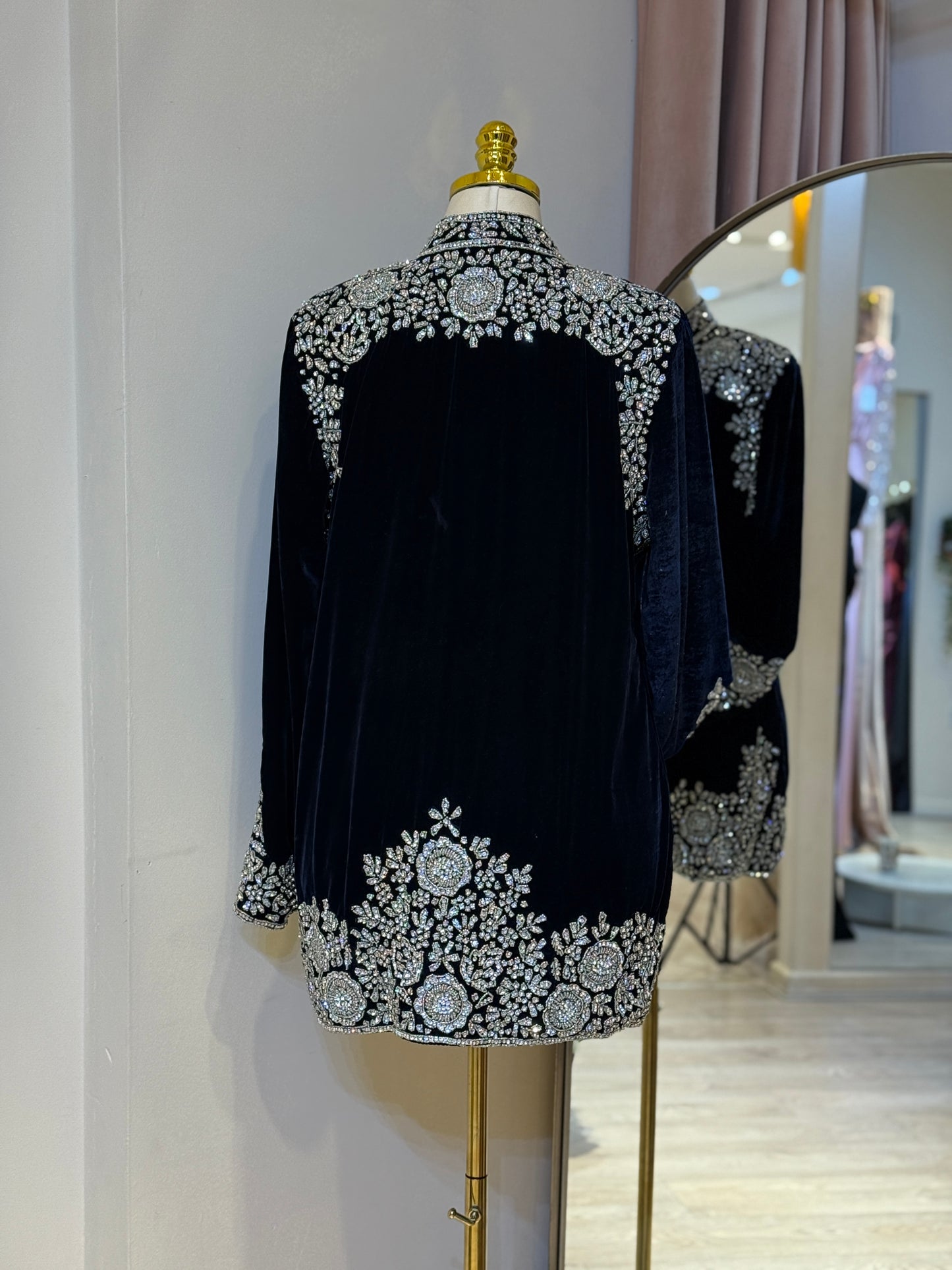 Luxury Navy Blue Velvet Hand Embellished Blazer