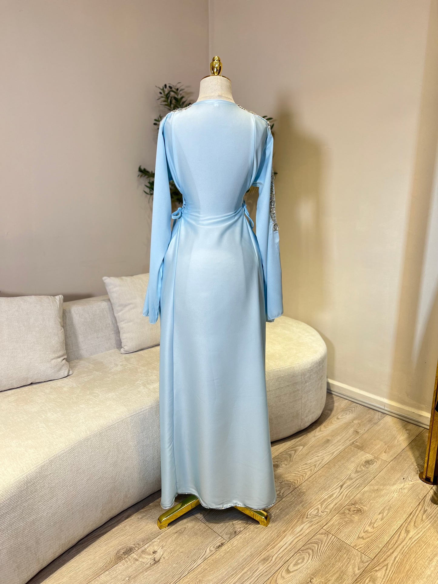 Hessa Side Corset Soft Satin Khaliji Caftan (Pastel Blue)