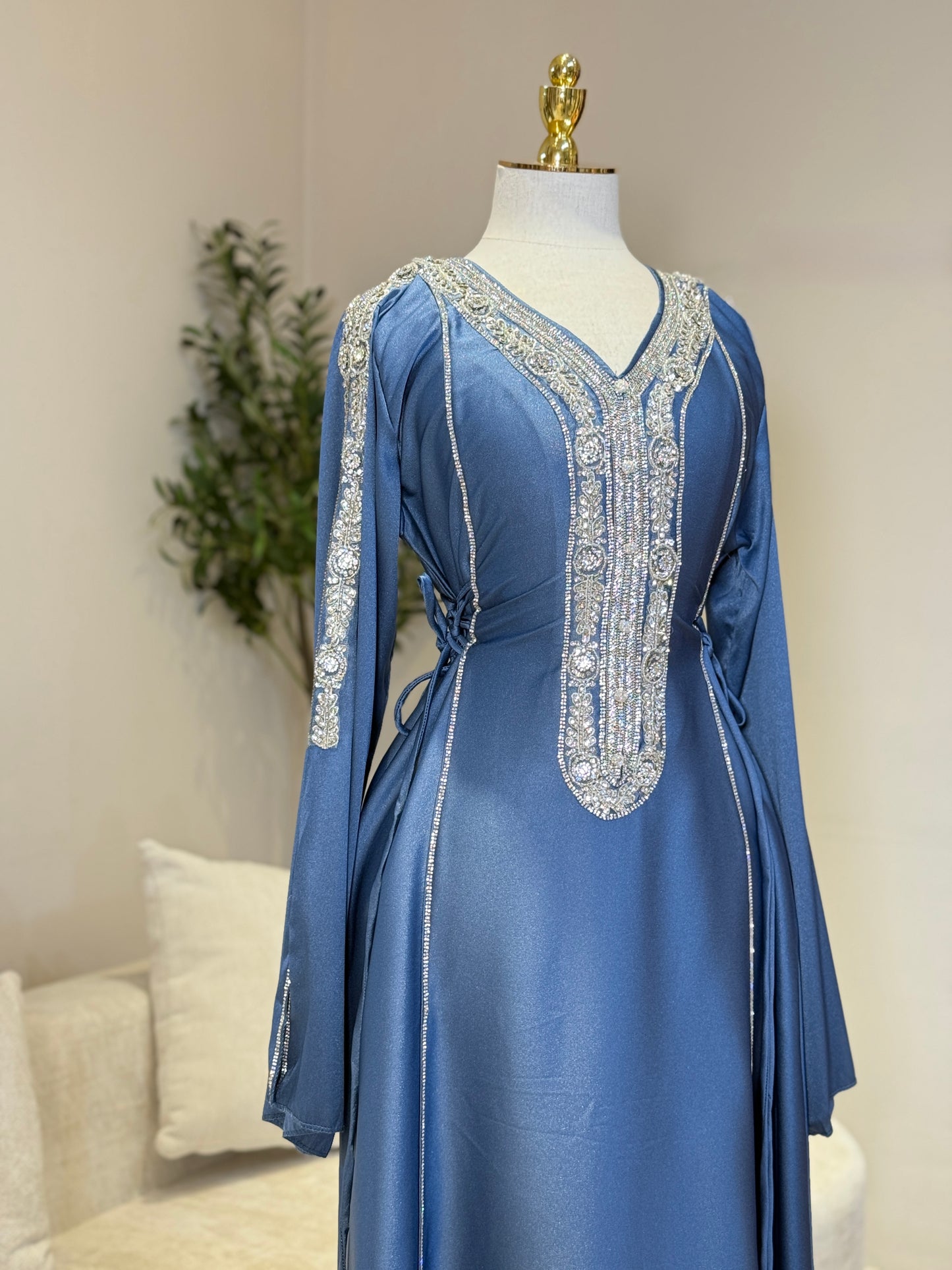 Hessa Side Corset Soft Satin Khaliji Caftan (Denim Blue)