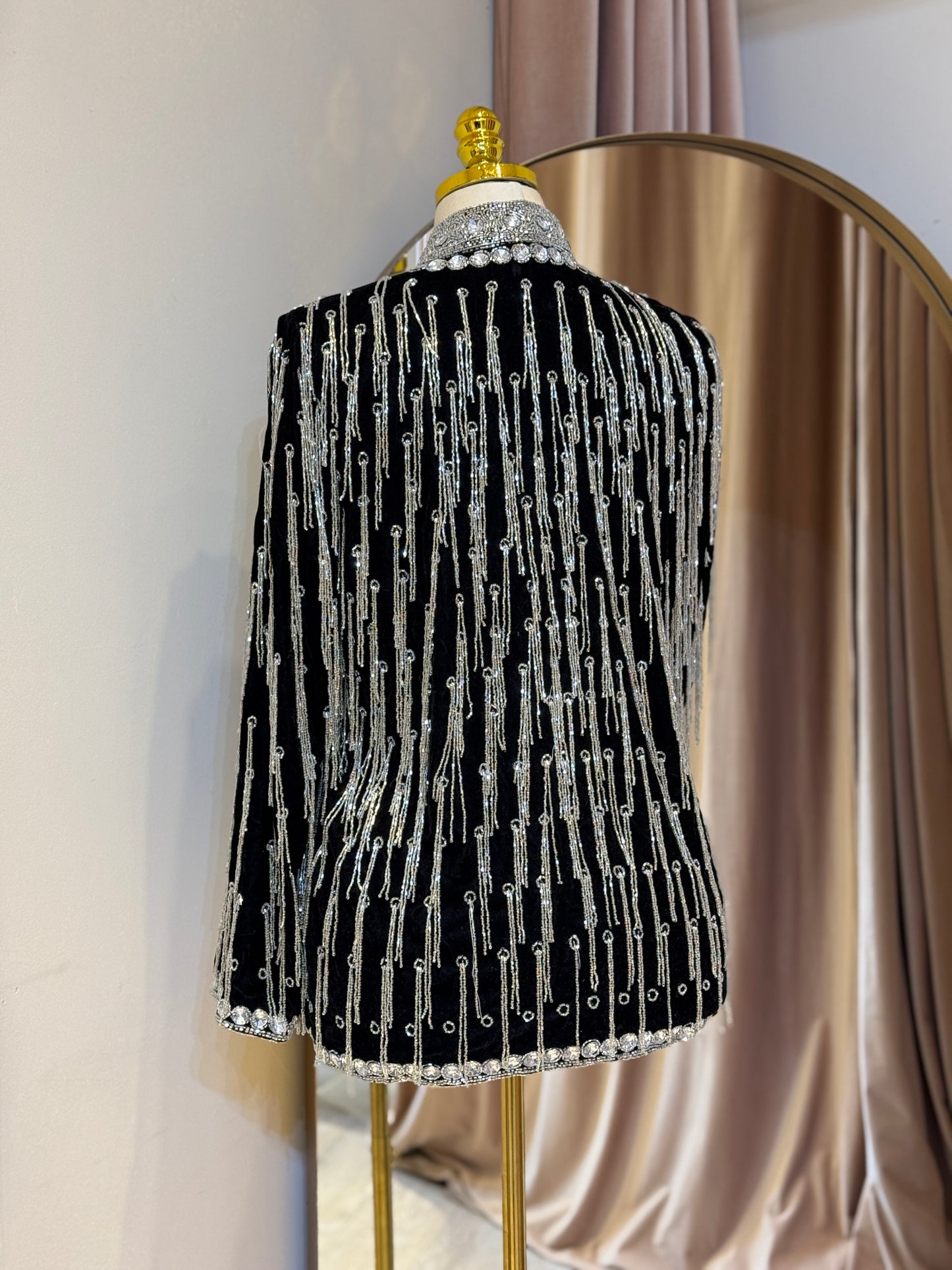 Luxury Silver & Black Velvet Hand Embellished Blazer