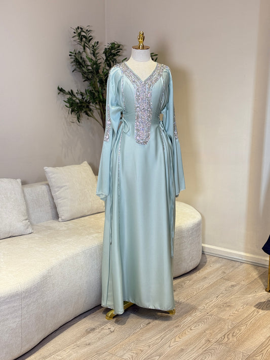 Hessa Side Corset Soft Satin Khaliji Caftan (Mint)
