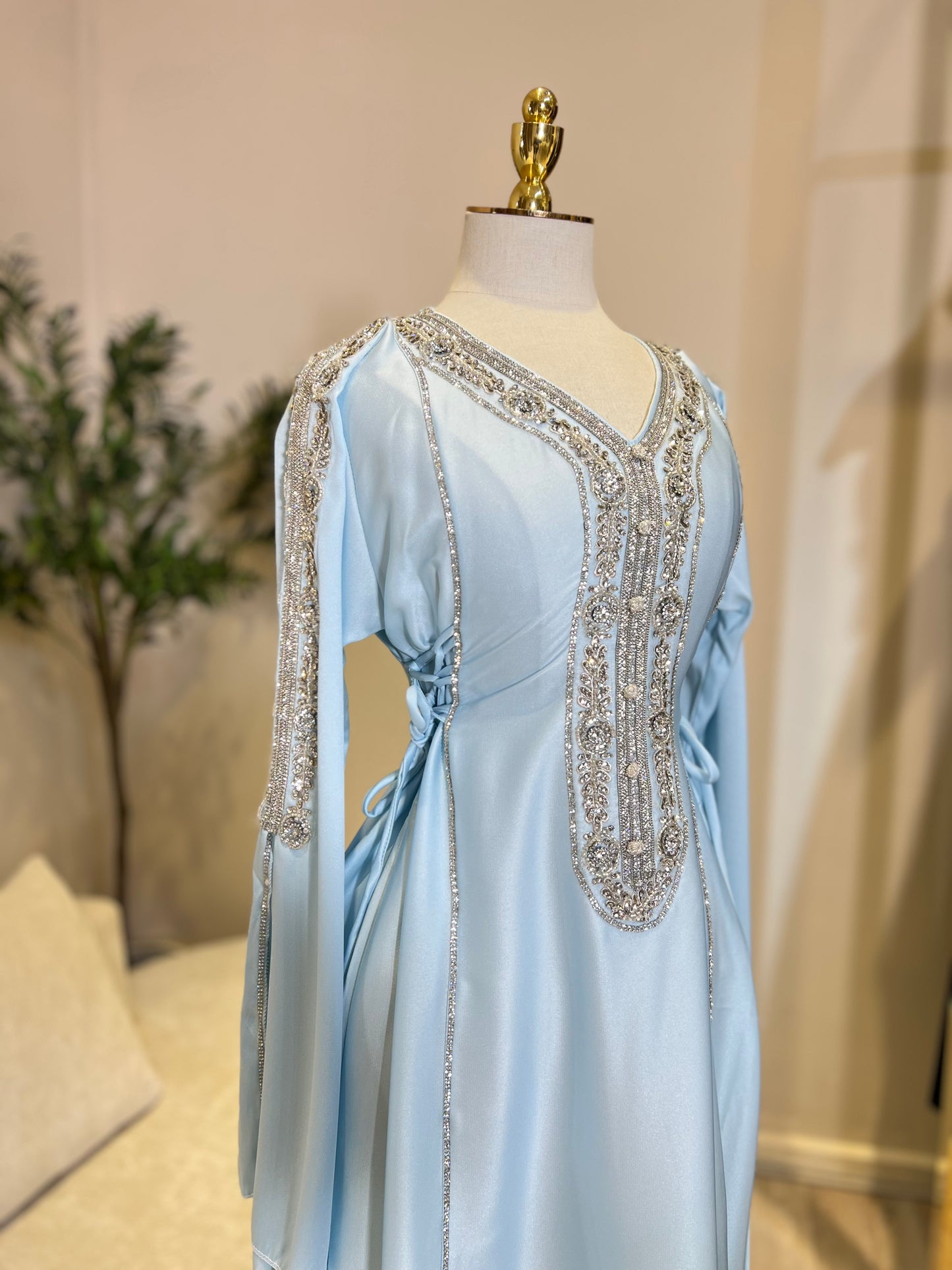 Hessa Side Corset Soft Satin Khaliji Caftan (Pastel Blue)