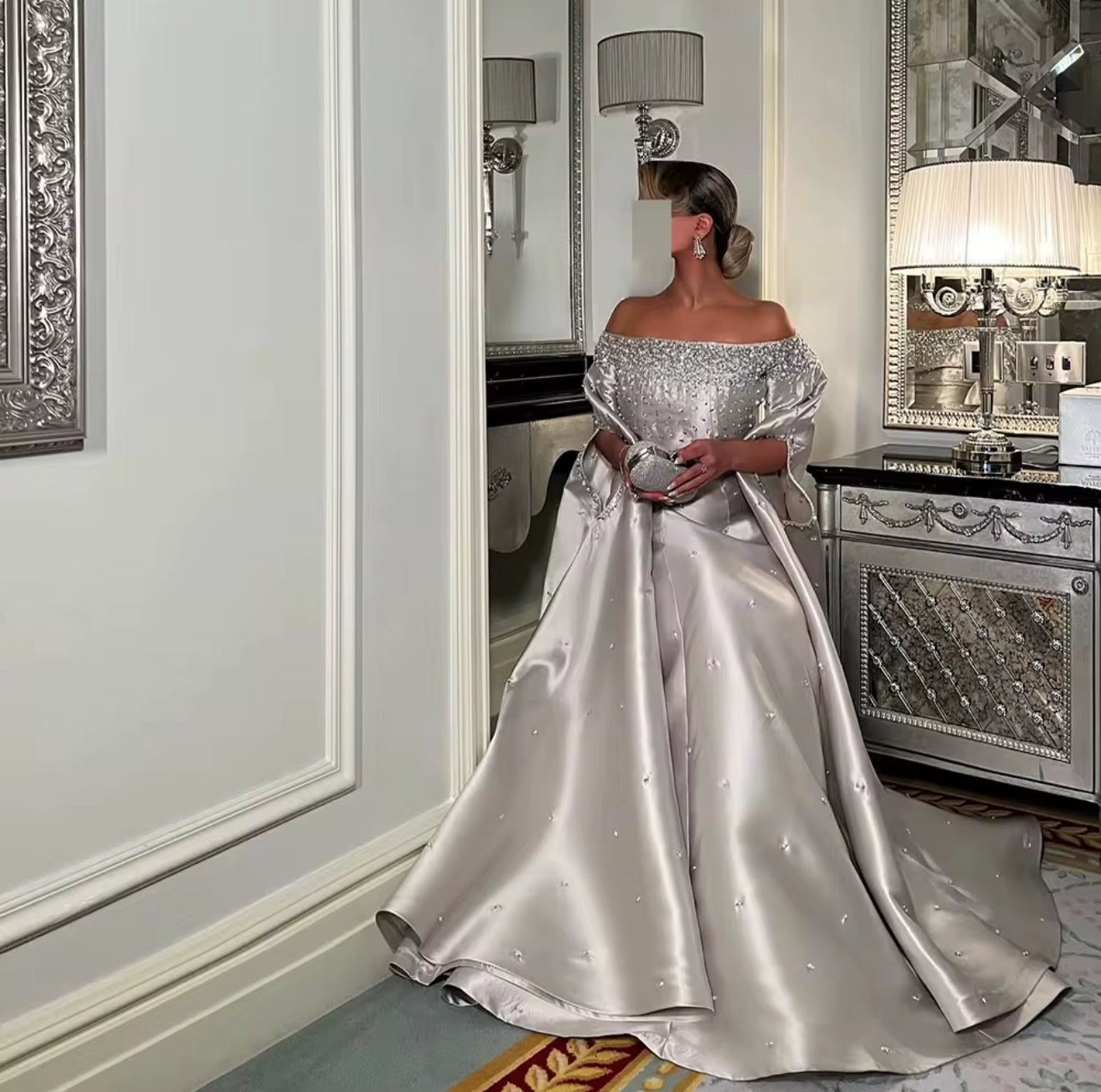 Lamis Luxury Hand Embellished Satin Gown With Hand Cape Design (Pre-Order)