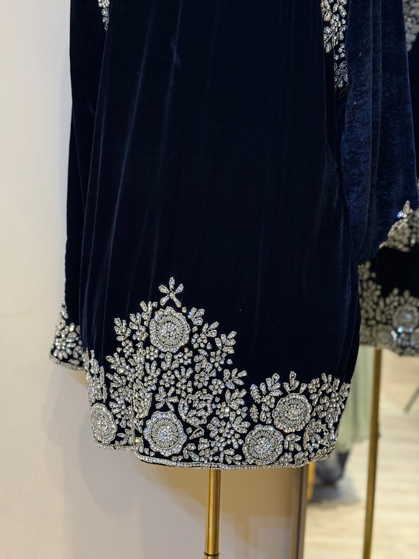 Luxury Navy Blue Velvet Hand Embellished Blazer
