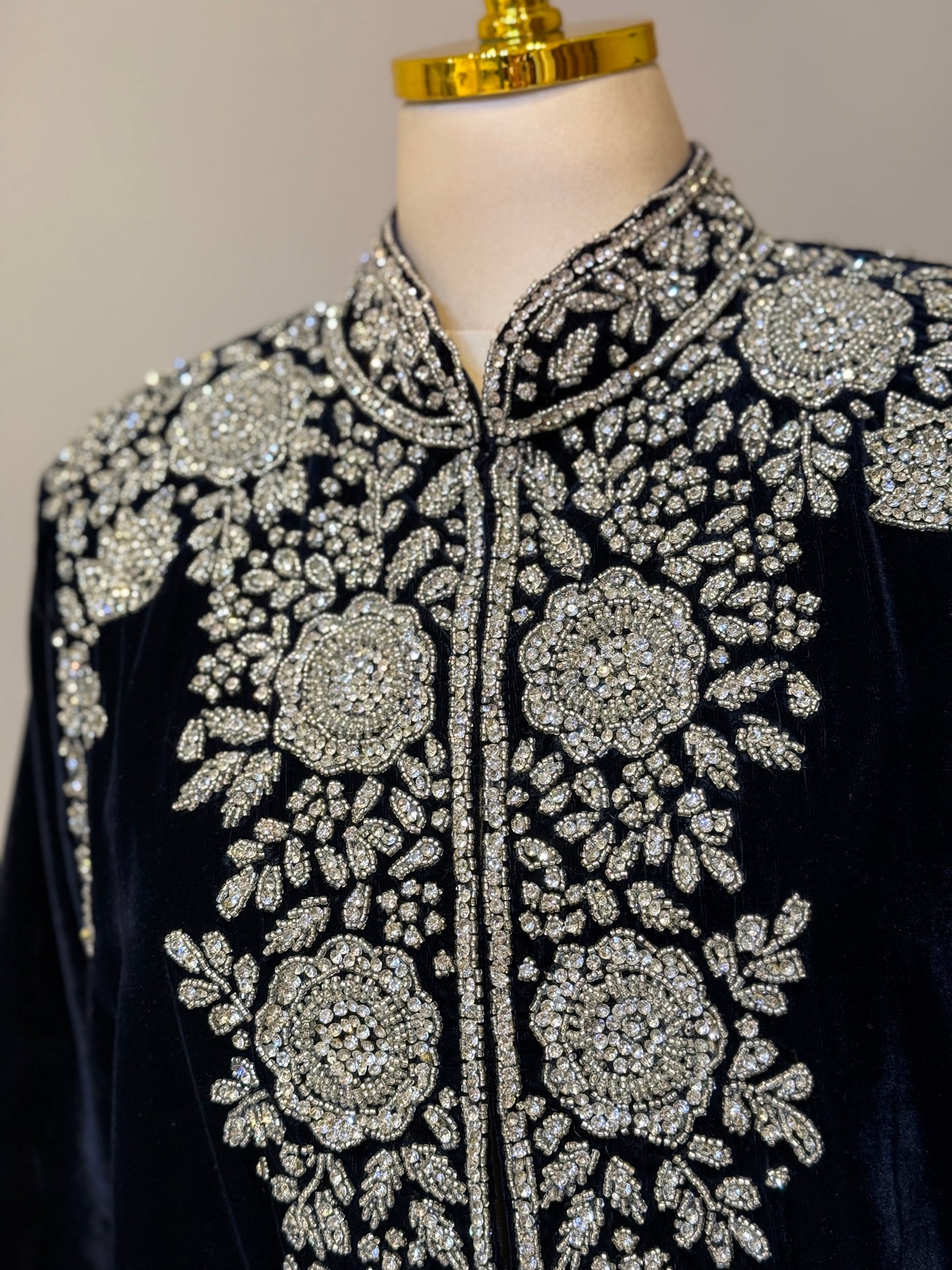 Luxury Navy Blue Velvet Hand Embellished Blazer