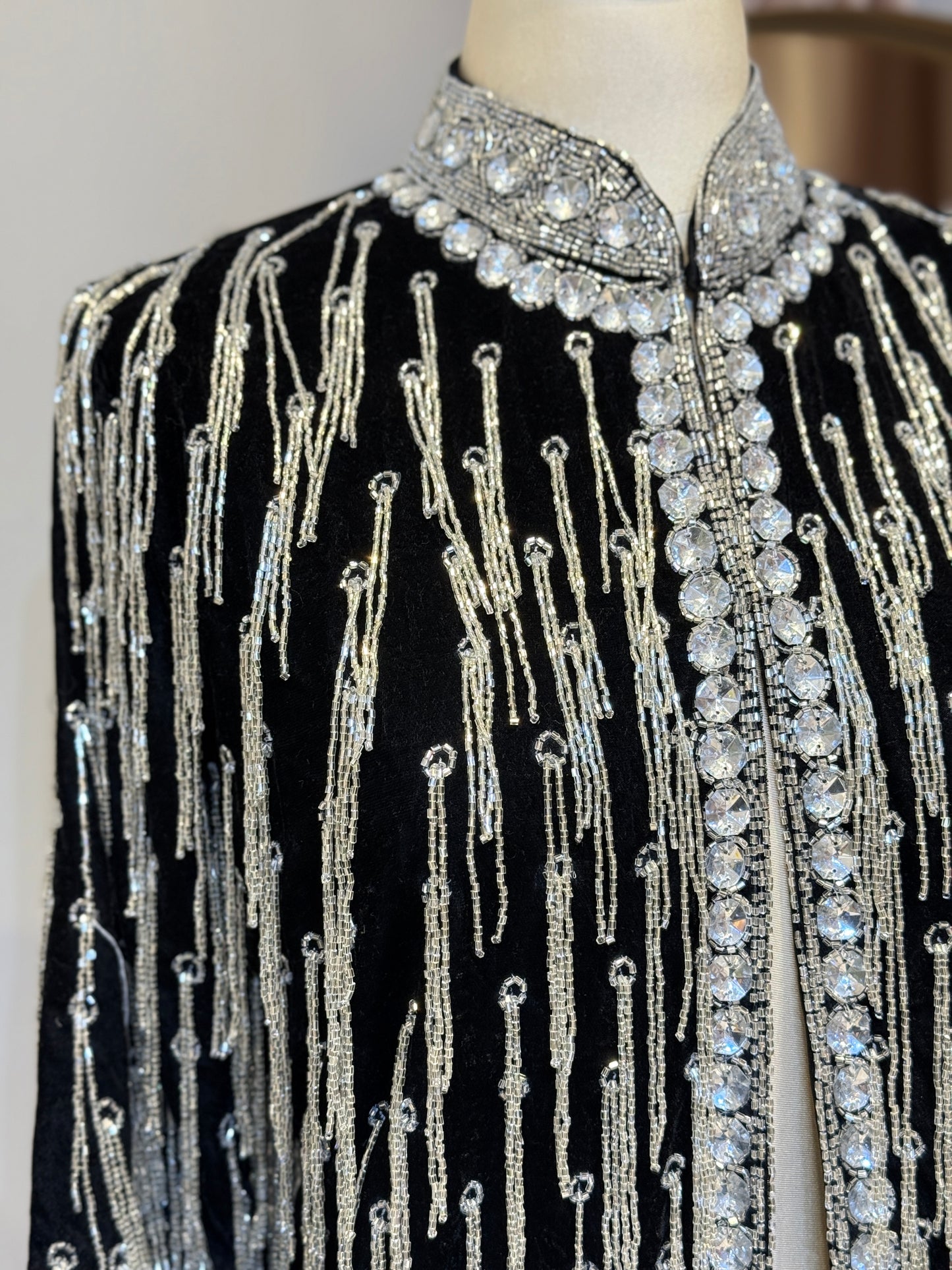 Luxury Silver & Black Velvet Hand Embellished Blazer