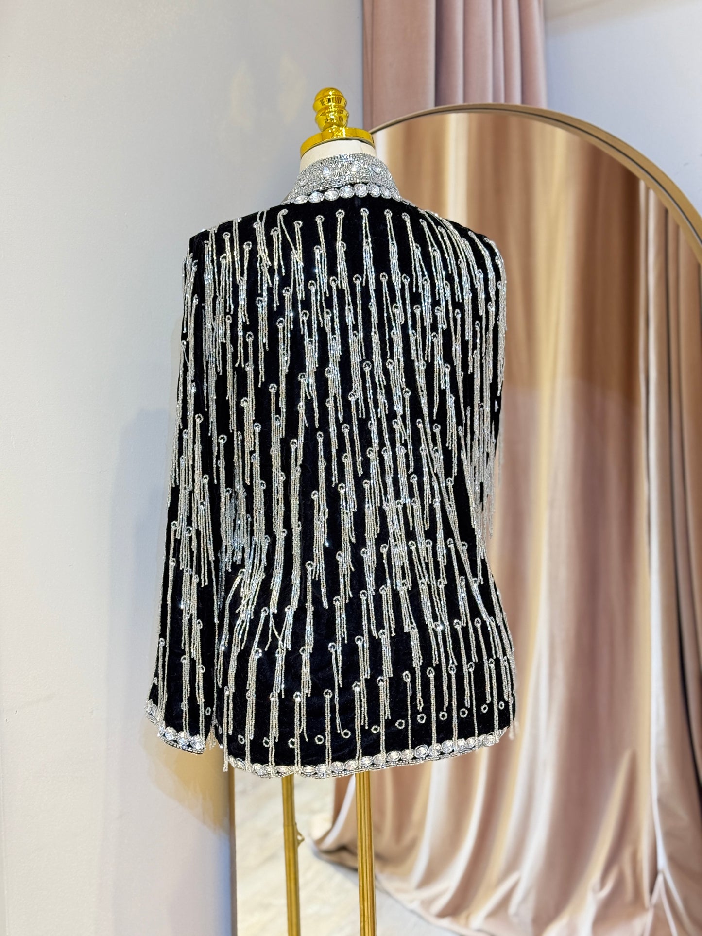 Luxury Silver & Black Velvet Hand Embellished Blazer