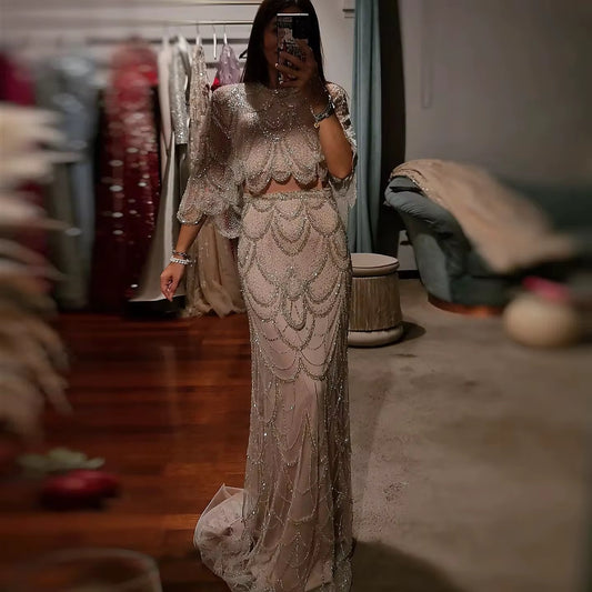 Nylah Pearled Lined Cape With Pearled High Waist Skirt Gown ( Pre-Order )