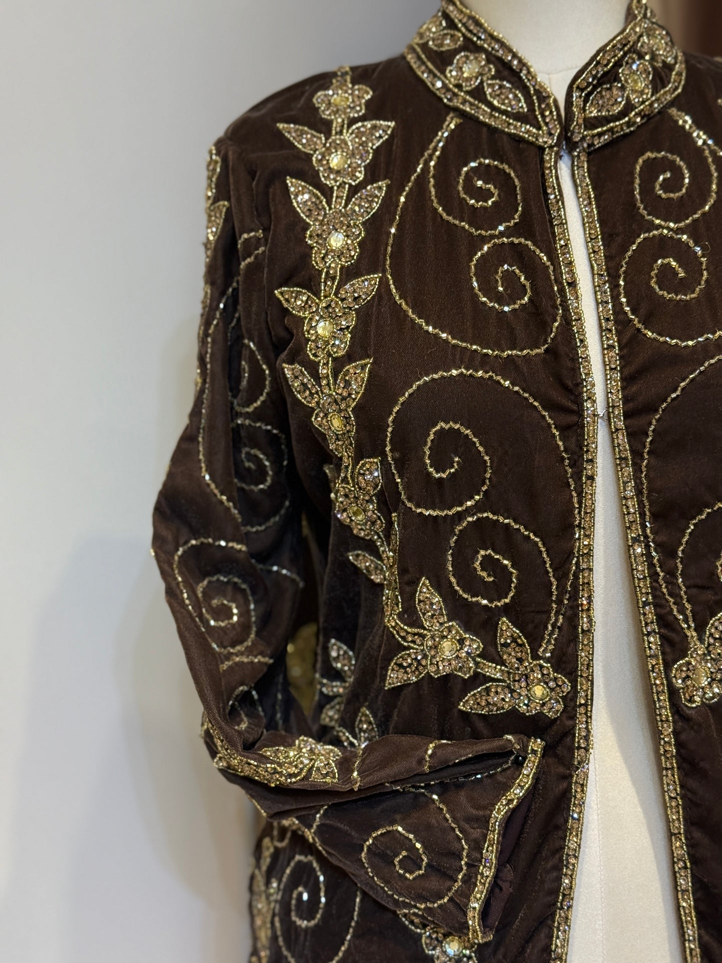Luxury Brown Velvet Hand Embellished Blazer