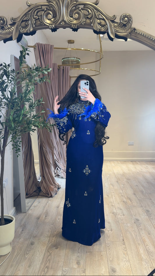Royal Blue Luxury Velvet Dress With Feathers