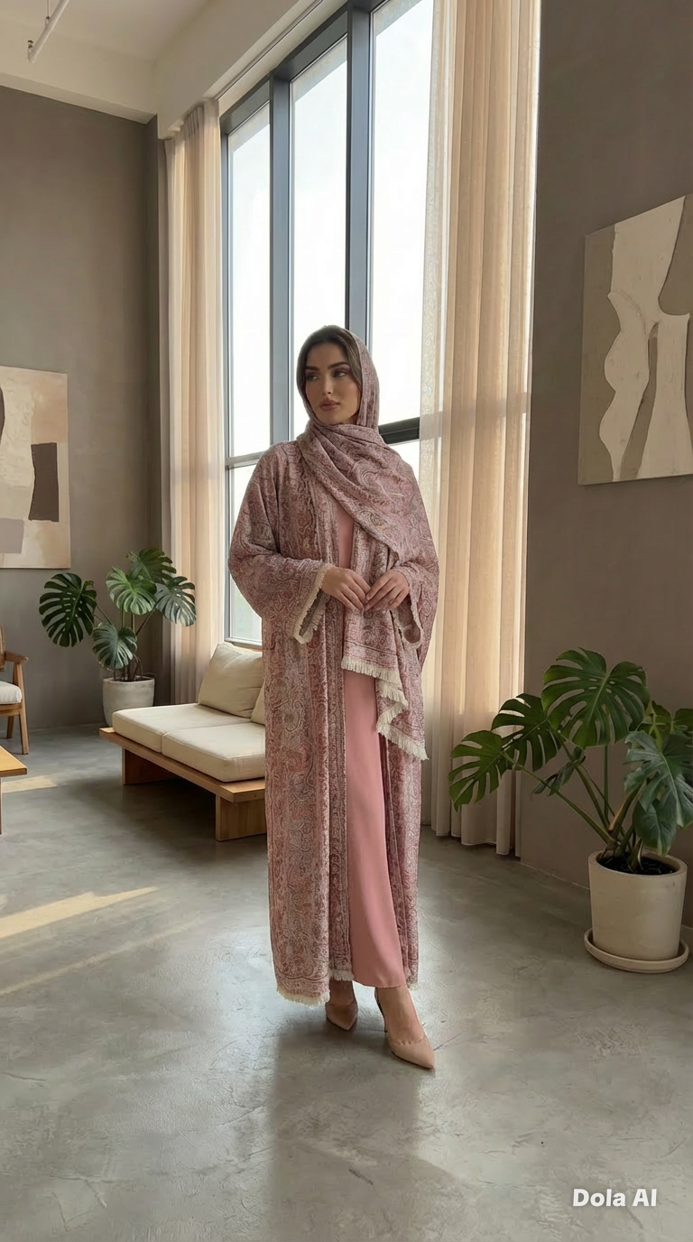 Pink & White 2 Piece Pashmina Abaya