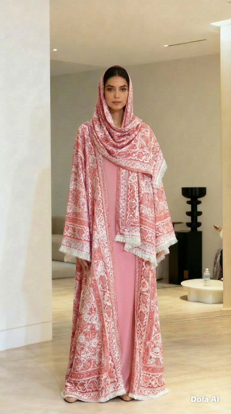 Red & White 2 Piece Pashmina Abaya