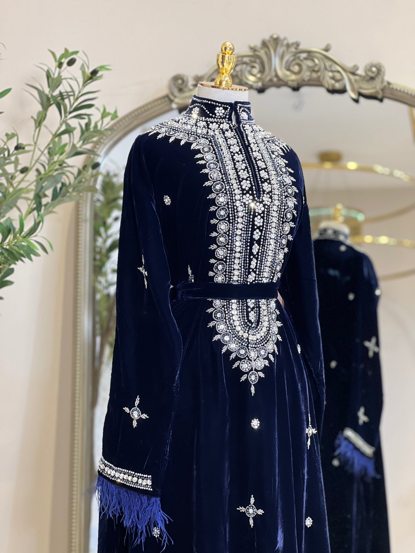 Haya Velvet Luxury Dress With Feathers