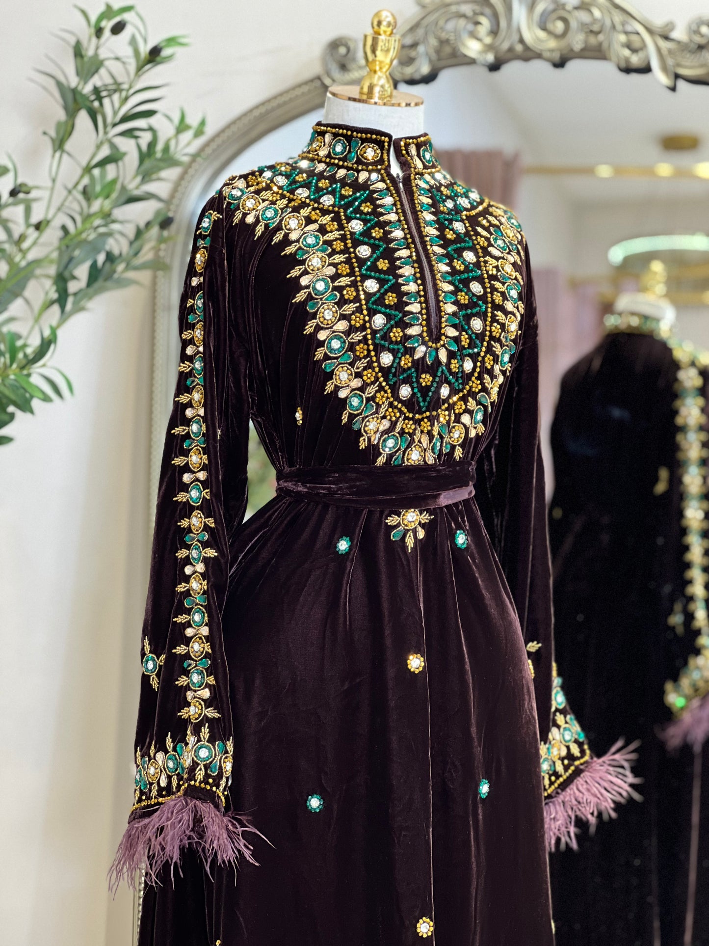Rana Velvet Luxury Dress With Feathers