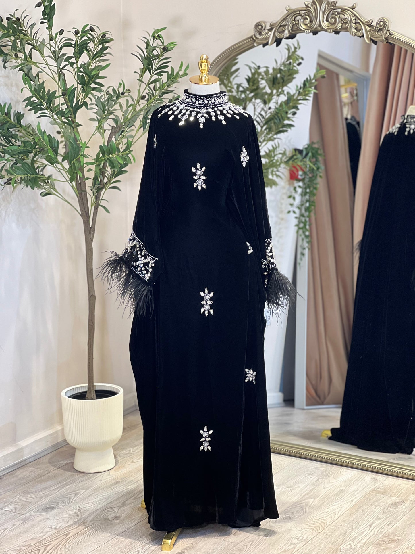 Black Luxury Velvet With Feathers Dress