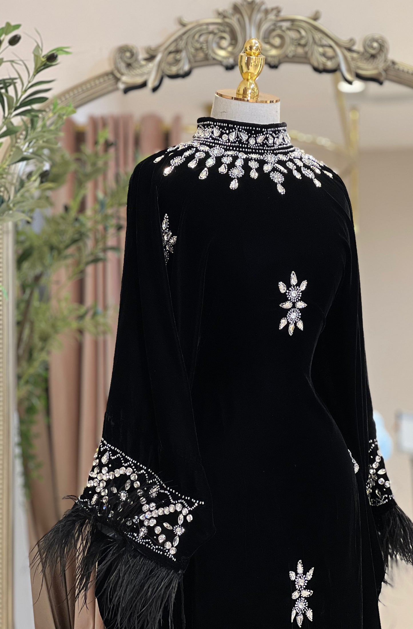 Black Luxury Velvet With Feathers Dress